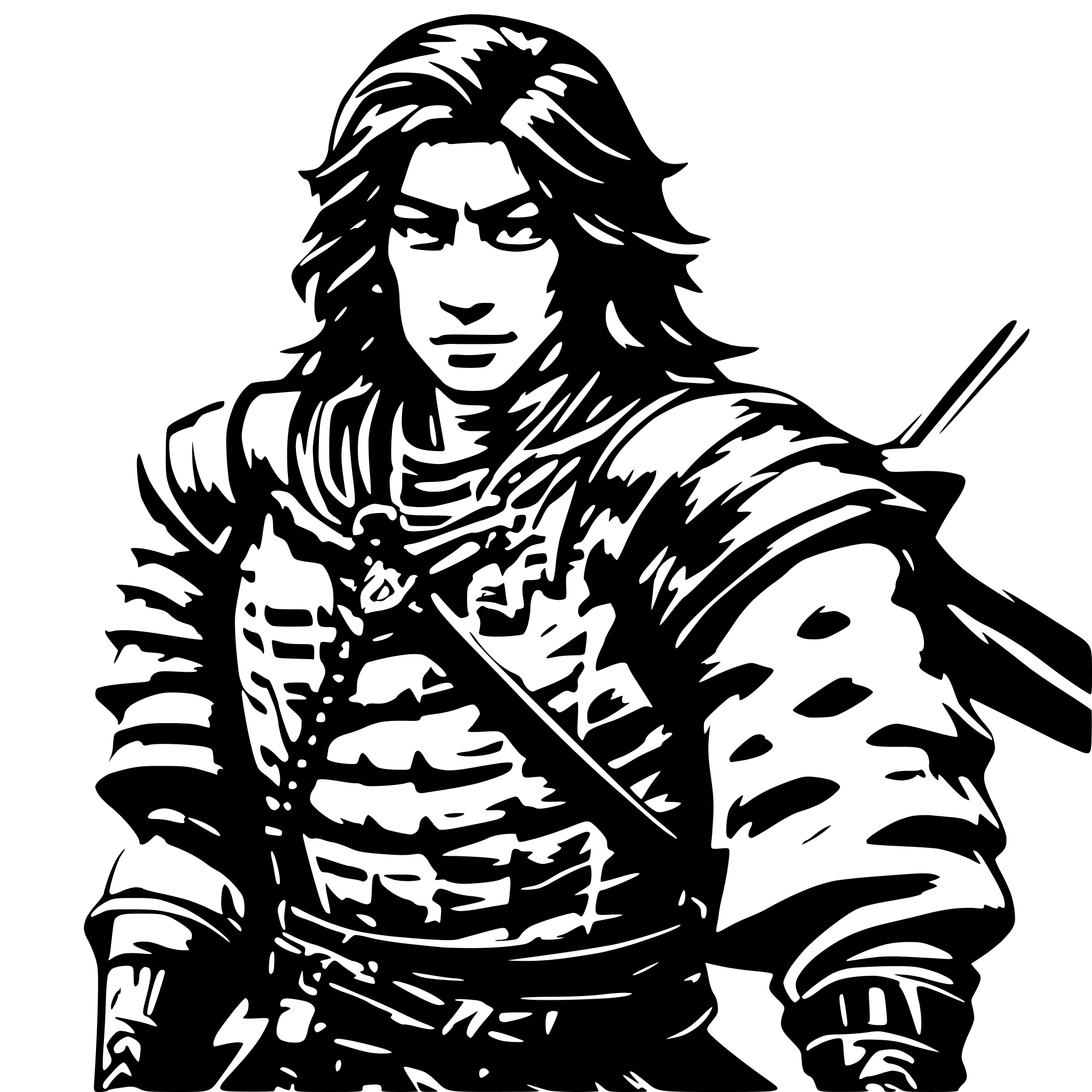 AI-generated SVG of a A SAMURAI IN FIGHT POSITIOPN, AND IN HIS BACK, HIS FACE LLOKING RIGHT TOWARD THE CAMERA