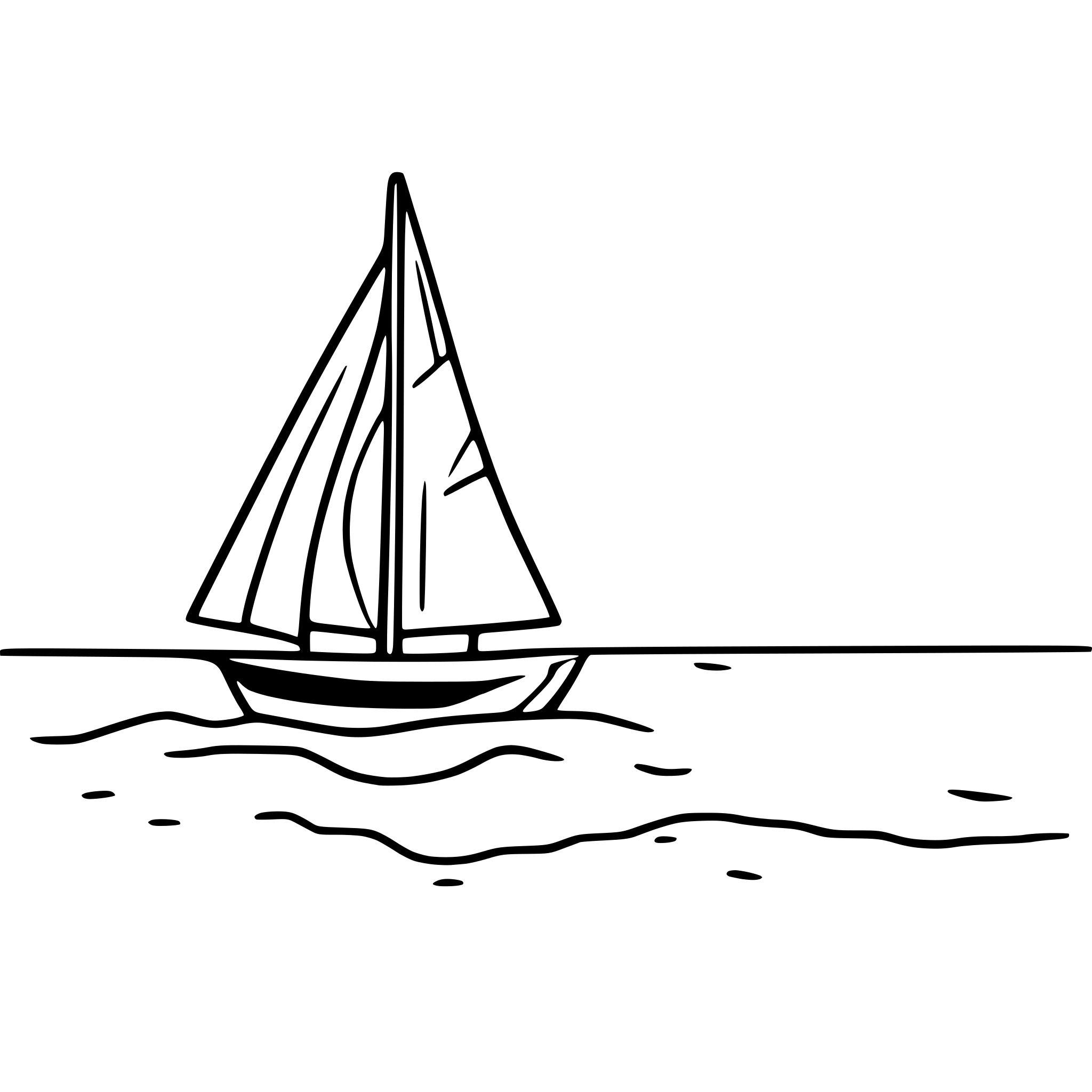 AI-generated SVG of a A sailboat floating on the sea with islands in the background and it is WINDY. The sailboat is moving from left to right. Simple line art. The sea has ROUGH waters.