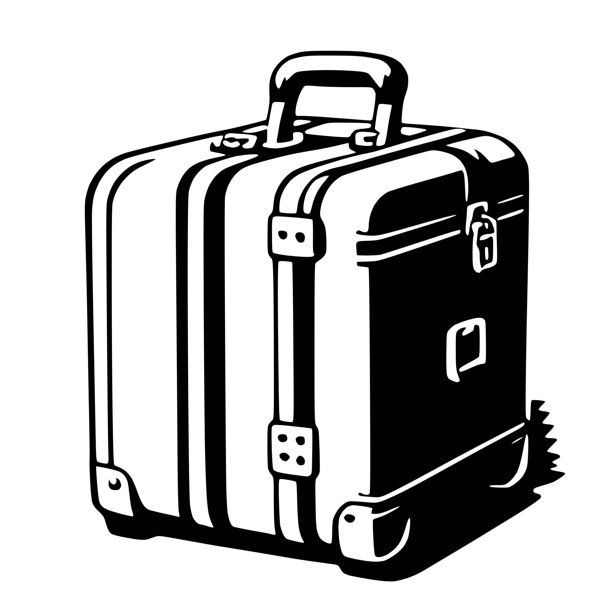 The SVG shows a simple, stylized representation of a suitcase. It has a rectangular shape with a flat top and a slightly curved bottom. The suitcase features a handle on top and a pair of wheels on the bottom. There are two latches on the front, which are likely used to secure the contents of the suitcase. The design is minimalistic, with no additional details or textures. The suitcase is depicted in a solid color, which is typical for vector graphics. 