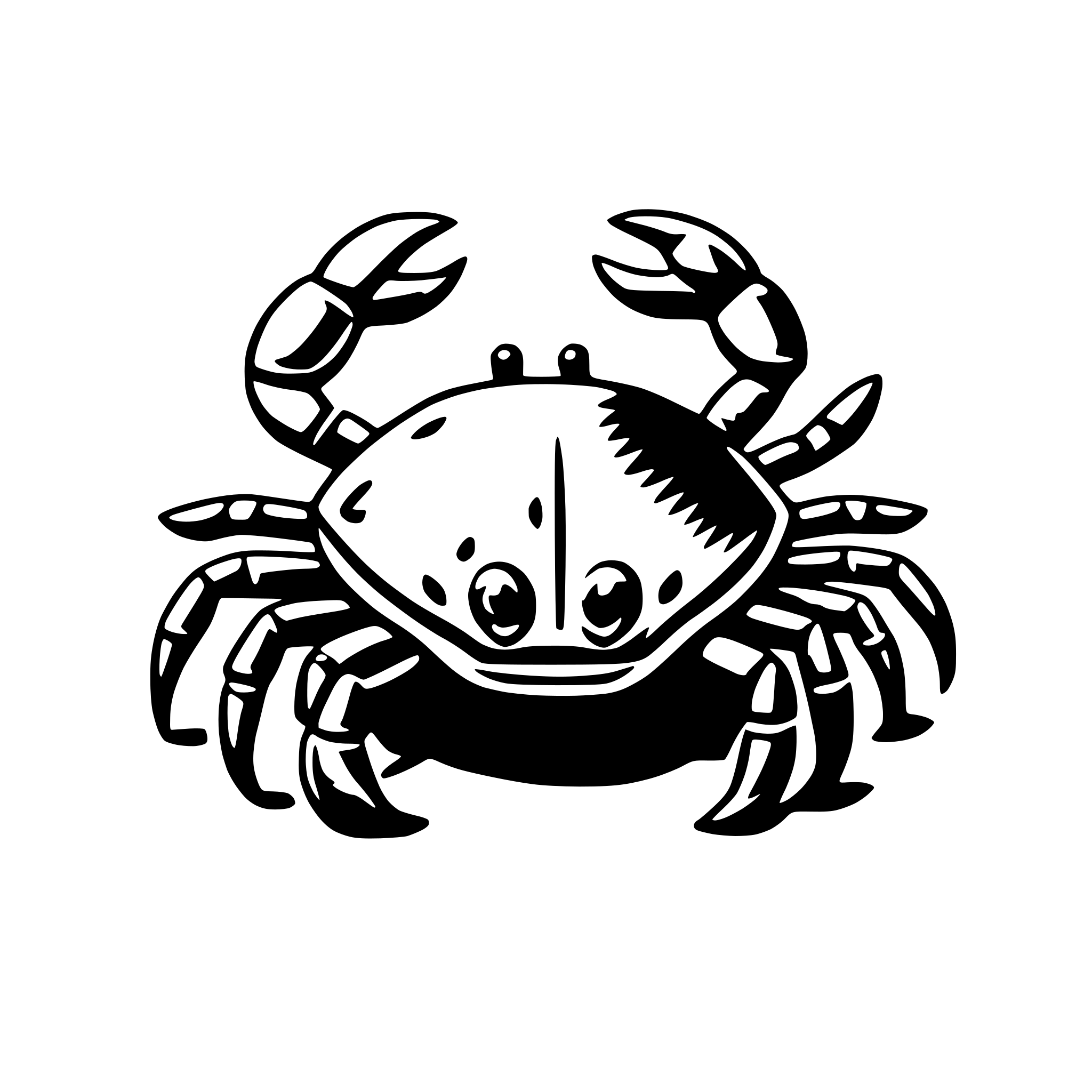 The SVG shows a stylized illustration of a crab. The crab is depicted with a simple, cartoon-like design, featuring a rounded body, two large claws, and a pair of smaller claws. It has two eyes and a small antenna on its head. The crab is facing forward, and its legs are not visible in this view. The style is minimalistic and does not include any additional textures or shading, relying on the outline to define the shape of the crab. 