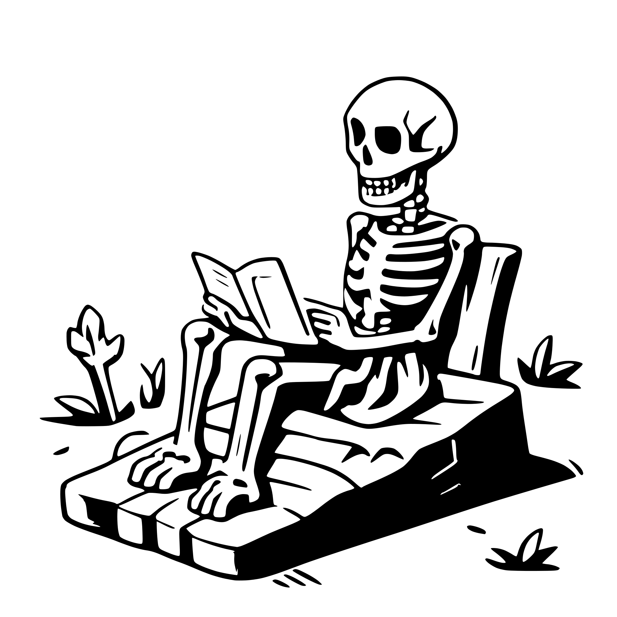 AI-generated SVG of a a skeleton sitting on a grave an reading