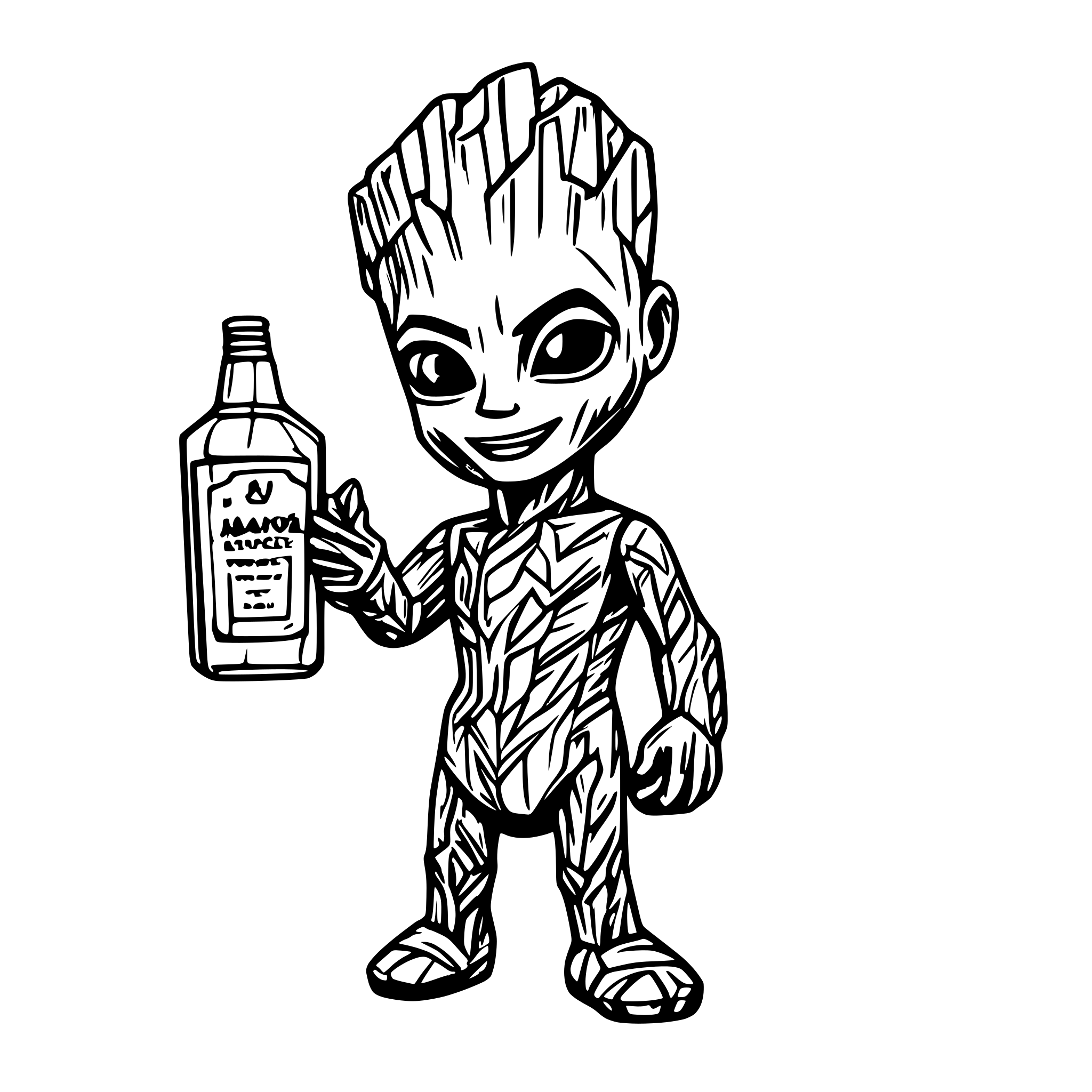 AI-generated SVG of a baby groot standing hugging a bottle of jack daniels tennessee whiskey