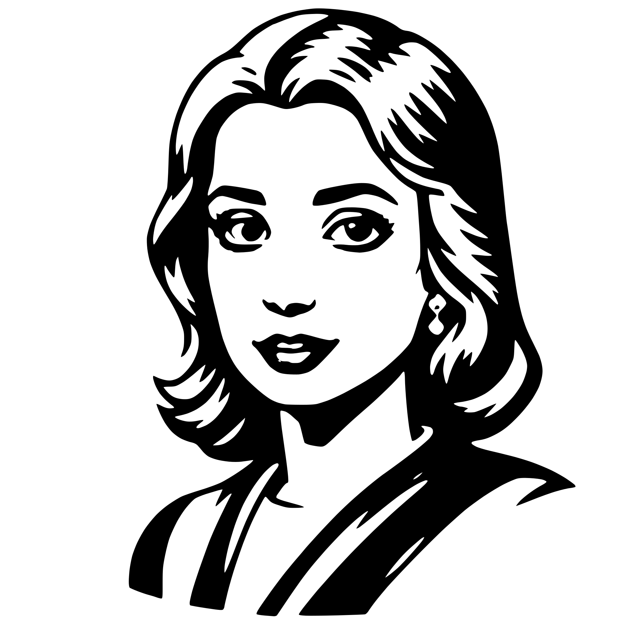 The SVG is a black and white vector illustration of a woman's face. The woman has short, wavy hair and is wearing what appears to be a dark top with a lighter collar or neckline. Her expression is neutral with a slight smile, and she is looking directly at the viewer. The style of the illustration is simplistic and stylized, with clean lines and minimal shading. 
