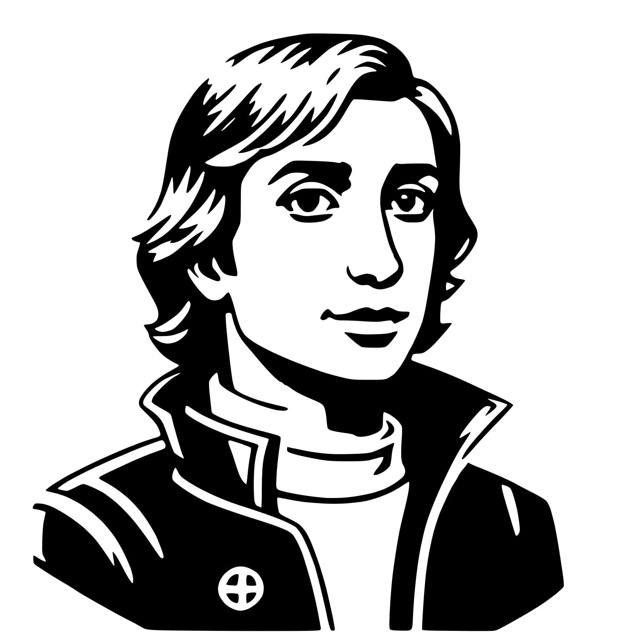 The SVG is a black and white vector illustration of a person's head and shoulders. The person has short hair and is wearing a dark jacket with a lighter inner layer, possibly a shirt or sweater. The style is simplistic and appears to be a stylized representation rather than a realistic portrait. The person is looking directly at the viewer, and the expression is neutral. There are no visible texts or additional elements in the SVG. 