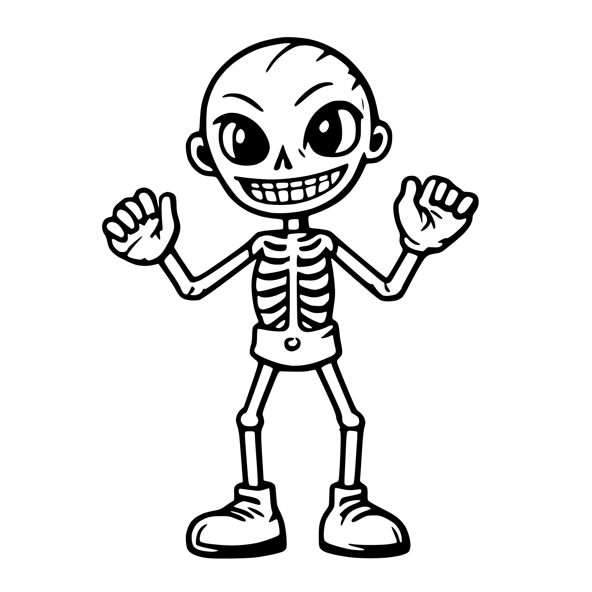 AI-generated SVG of a 1920s cartoon skeleton dancing angry eyebrows with loops for joints AI-generated SVG of a 1920s cartoon skeleton dancing angry eyebrows with loops for joints