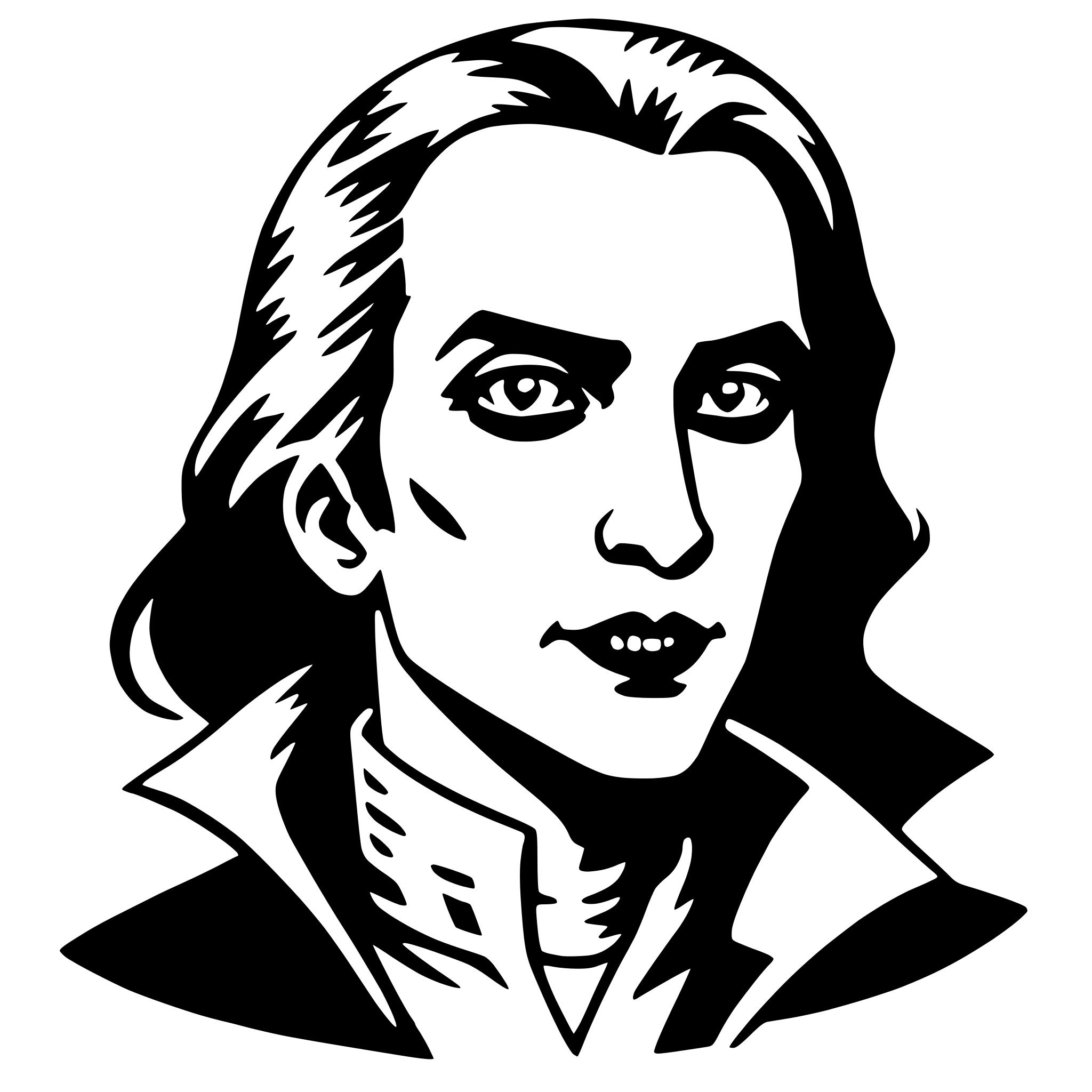 The SVG depicts a stylized portrait of a person with a serious expression. The individual has long, flowing hair and is wearing a high-collared garment with a darker color, possibly suggesting a historical or formal attire. The person's face is characterized by a straight nose, full lips, and a prominent chin. The eyes are looking directly at the viewer, and the eyebrows are arched. The overall style of the SVG is reminiscent of a classic or vintage illustration. 