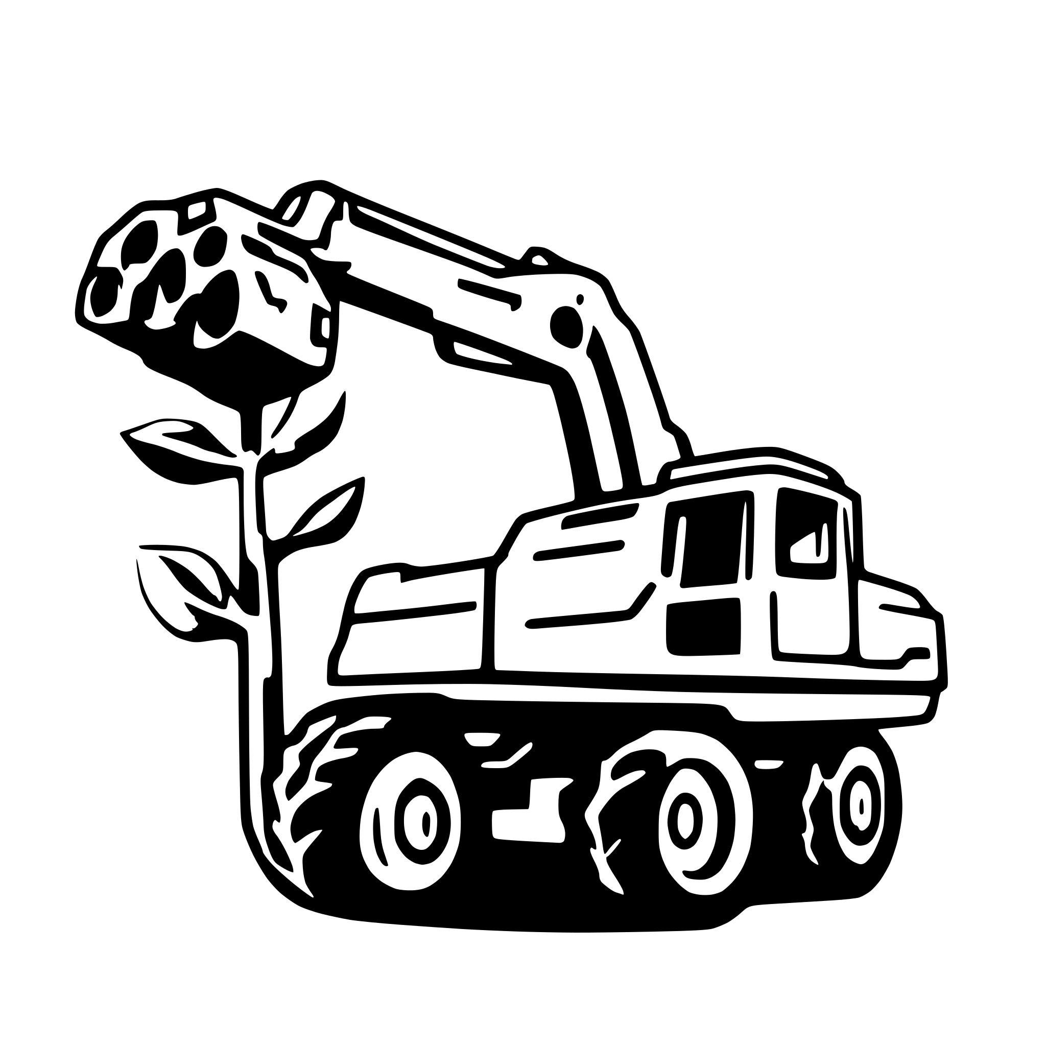 AI-generated SVG of a side view of a John Deere tree harvester with eight wheels and a harvester head