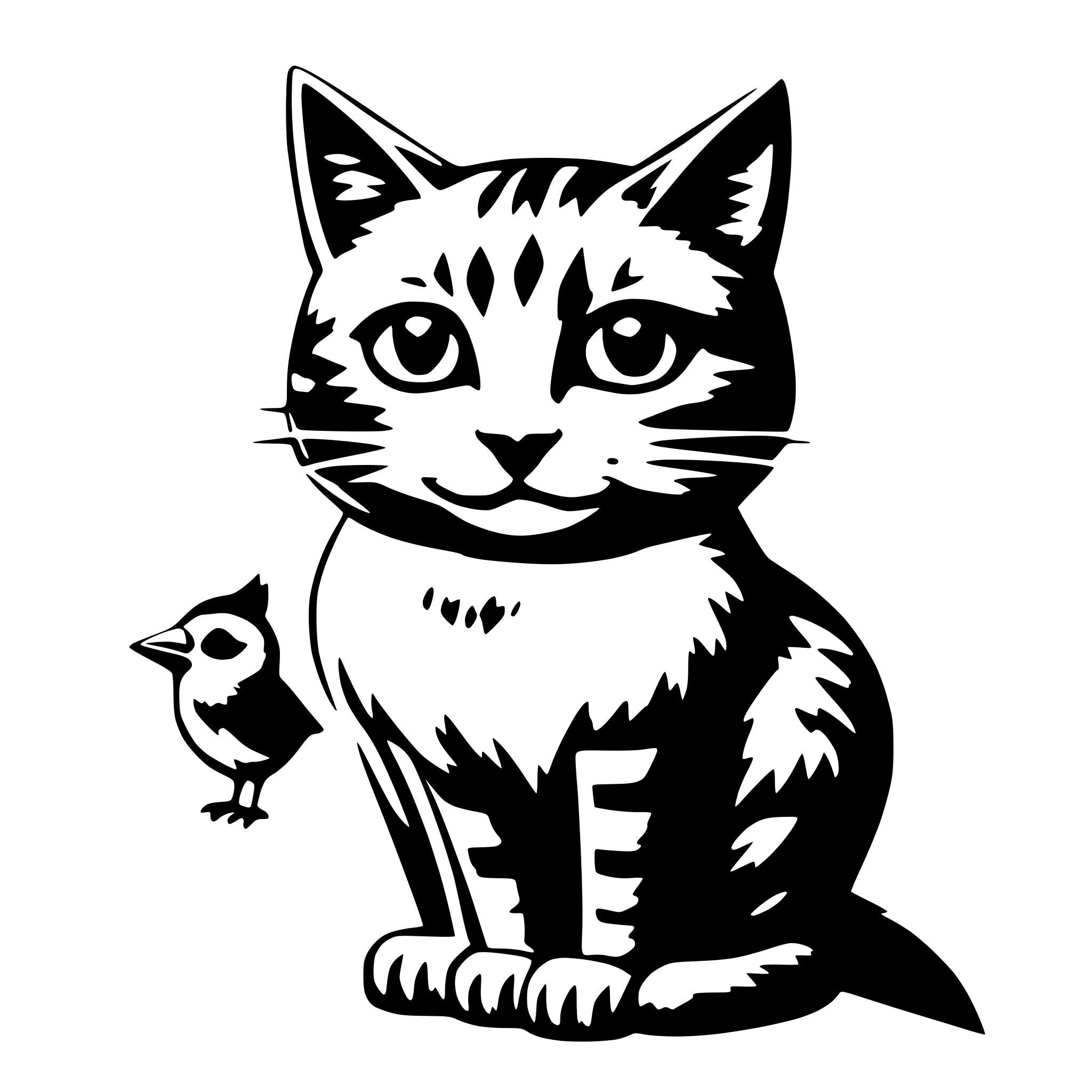 AI-generated SVG of a a curious cat with a bird on its head