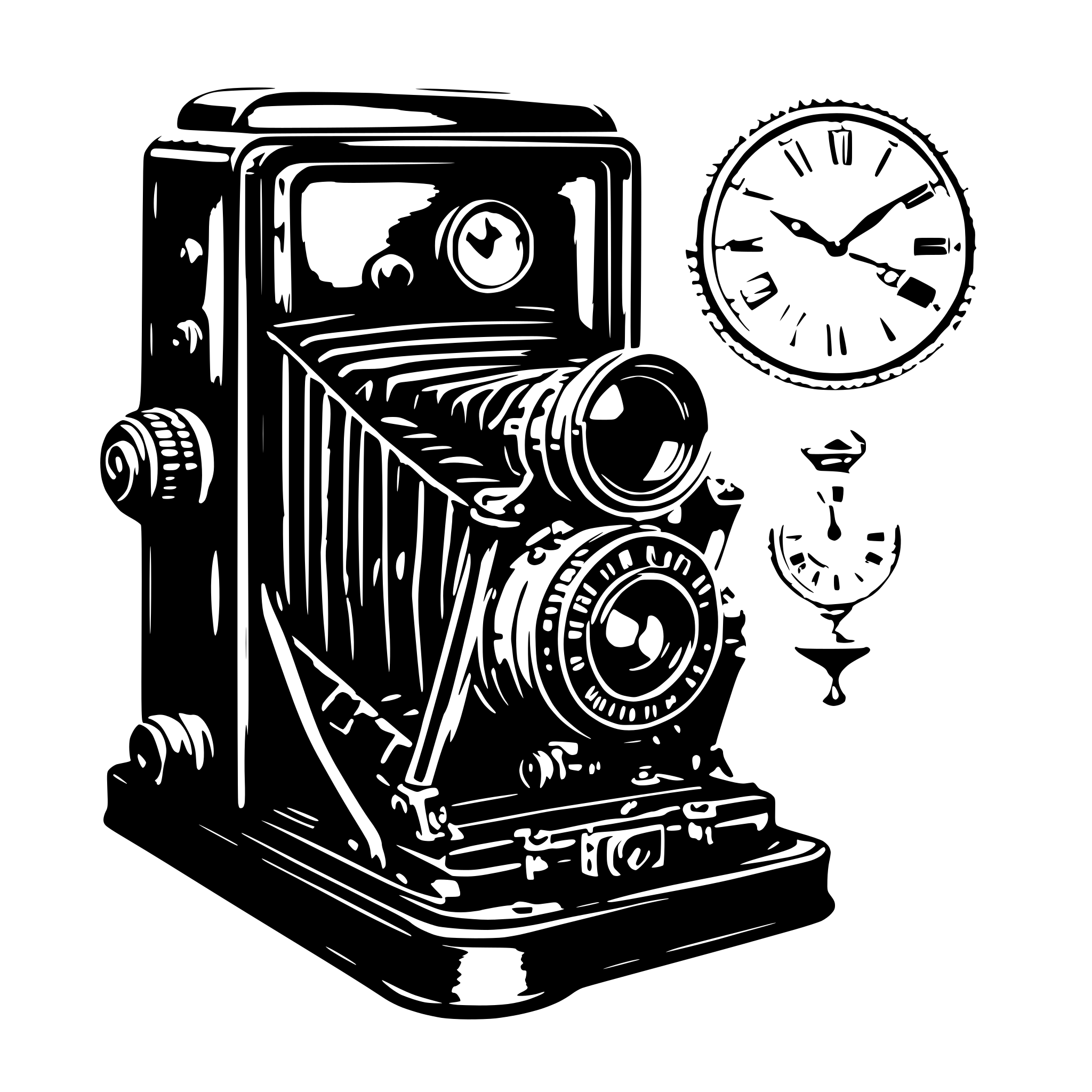 AI-generated SVG of a A detailed black and white SVG illustration of a vintage grandfather A black and white SVG of a vintage camera with a collapsible bellows design. The camera is angled slightly, showing the lens, shutter, and folding mechanism. The design is detailed with screws and textures on the body.. The clock has a tall, ornate wooden frame with visible pendulum and clock face. Roman numerals and decorative carvings adorn its surface.