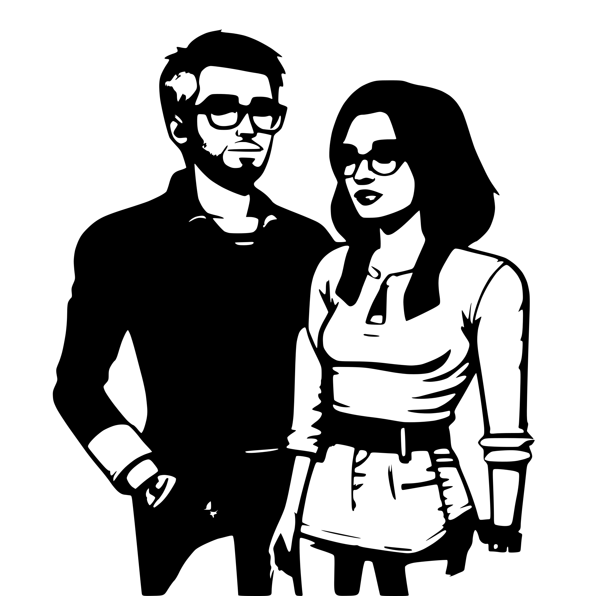AI-generated SVG of a couples illustration: The woman has purple hair color with multicolor highlights, Rosie cheeks, curvy, plus-sized, thick, tattoos, solid yellow shirt with black jeggings. The Man short fade cut, short cut with gray highlighted hair, modern glasses, light face stubble, short hair on top, solid white Tshirt, distressed jeans