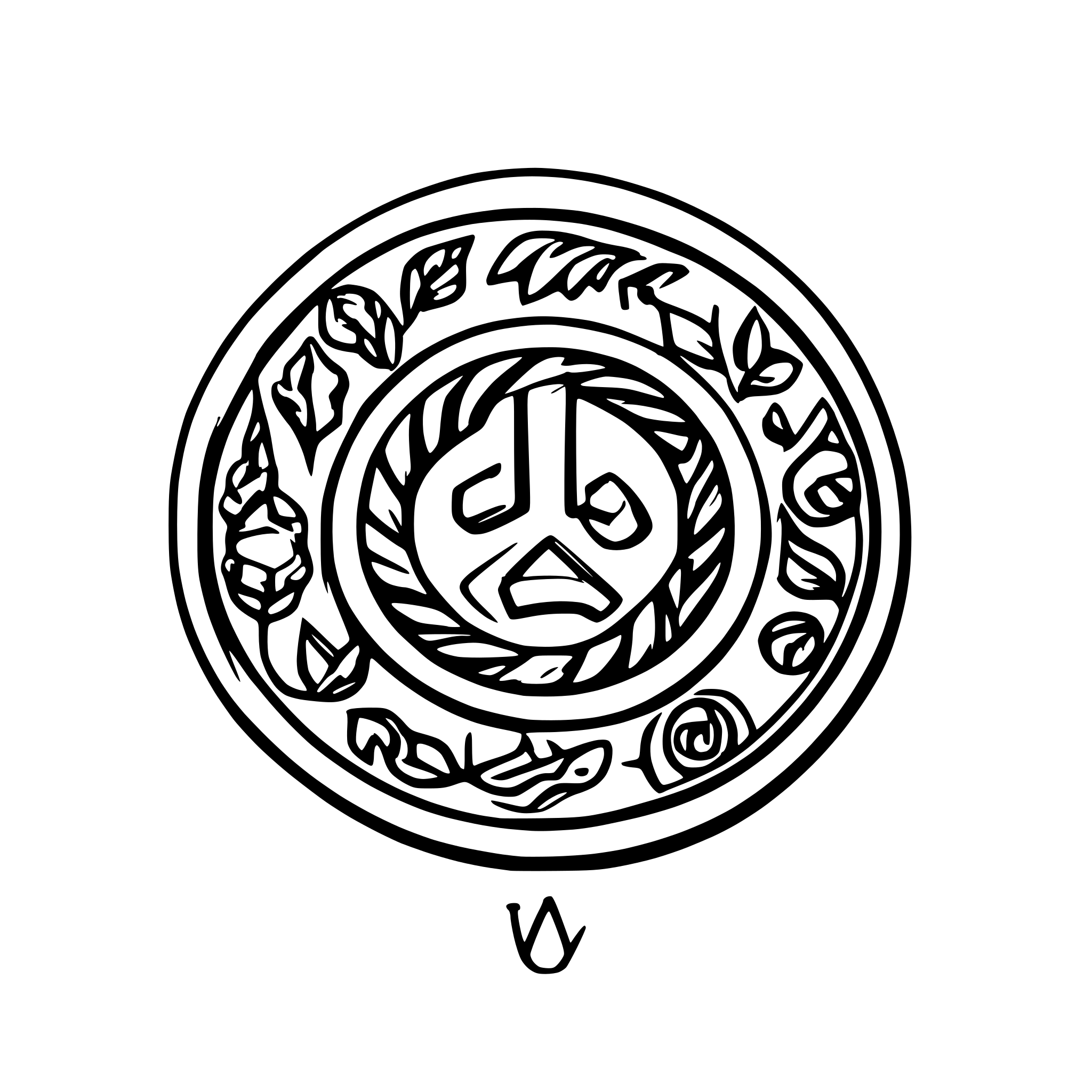 AI-generated SVG of a Ring 1 (Center): Yin-Yang (Taijitu) symbol at center.  Ring 2: The 8 Trigrams (Bagua) — ☰ ☱ ☲ ☳ ☴ ☵ ☶ ☷ (Heaven, Lake, Fire, Thunder, Wind, Water, Mountain, Earth) — placed equally around the ring.  Ring 3: The 10 Heavenly Stems — 甲 (Jia), 乙 (Yi), 丙 (Bing), 丁 (Ding), 戊 (Wu), 己 (Ji), 庚 (Geng), 辛 (Xin), 壬 (Ren), 癸 (Gui).  Ring 4: The 12 Earthly Branches — 子 (Zi), 丑 (Chou), 寅 (Yin), 卯 (Mao), 辰 (Chen), 巳 (Si), 午 (Wu), 未 (Wei), 申 (Shen), 酉 (You), 戌 (Xu), 亥 (Hai).  Ring 5: Chinese Zodiac Animals — 鼠 (