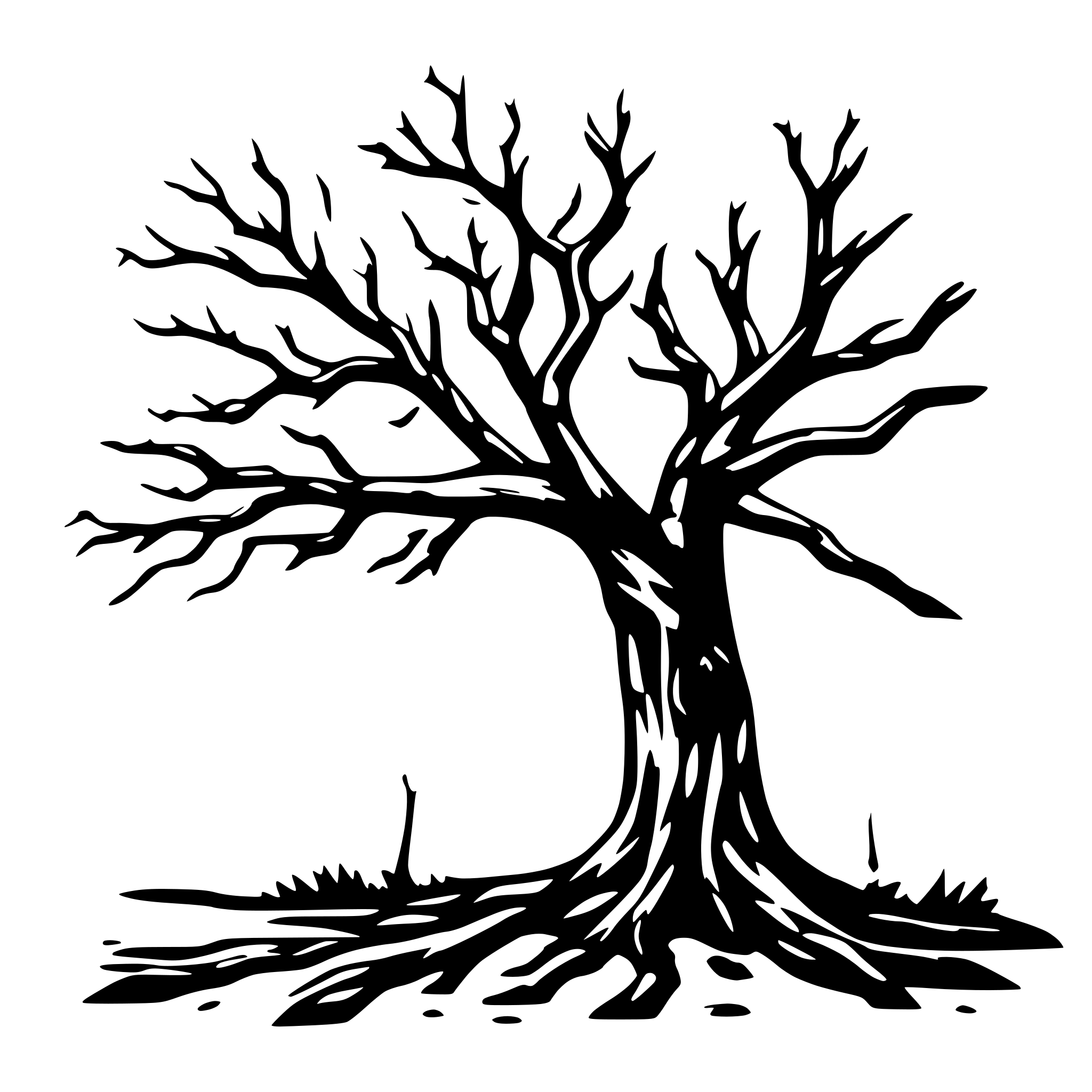 AI-generated SVG of a Large dead tree with a twisted trunk and dead branches on the left side