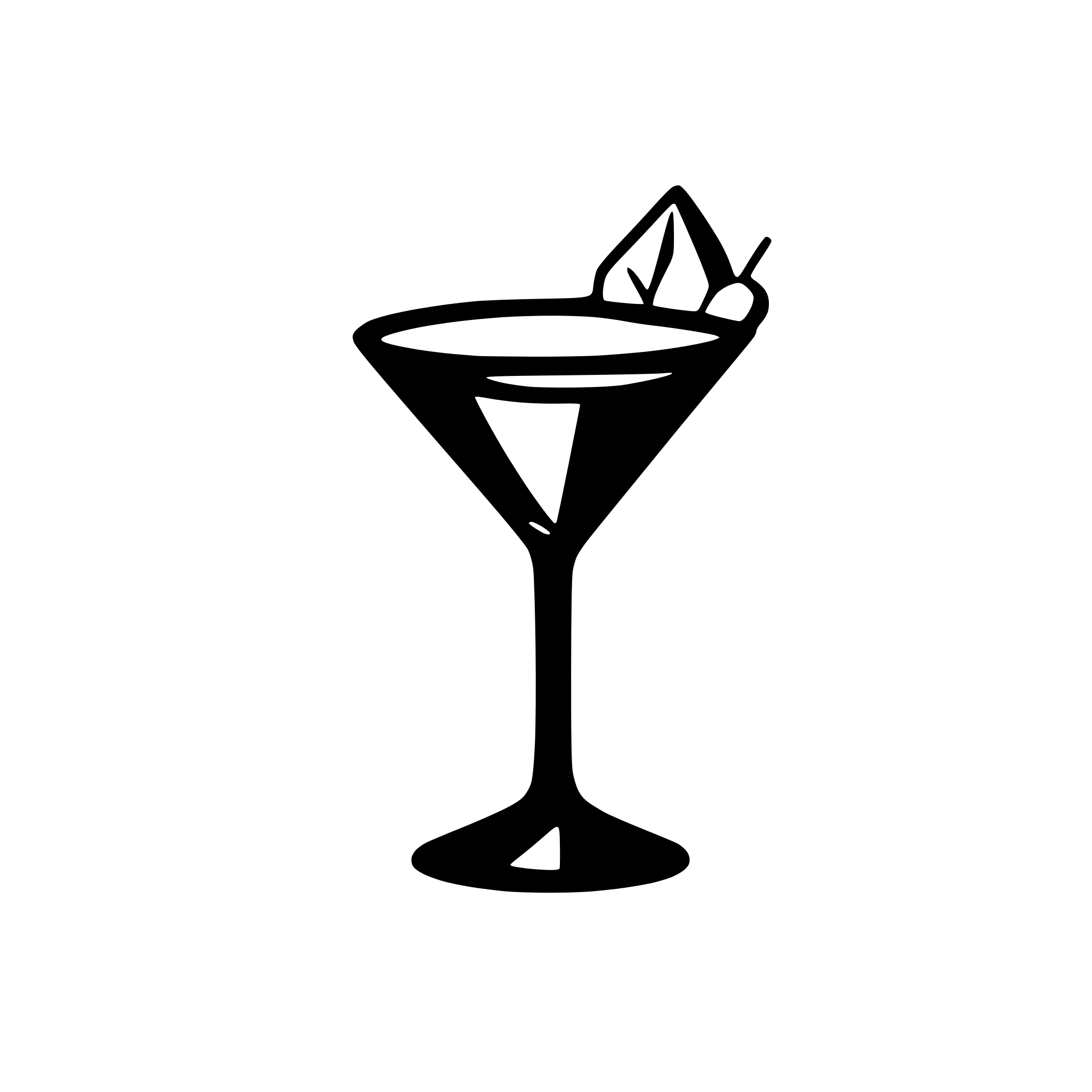 AI-generated SVG of a A minimalist black silhouette of a martini glass with a thin stem and wide triangular bowl, filled with liquid. A cocktail pick with an olive is placed diagonally inside the glass. The design is clean, modern, and elegant, resembling an icon or vector graphic