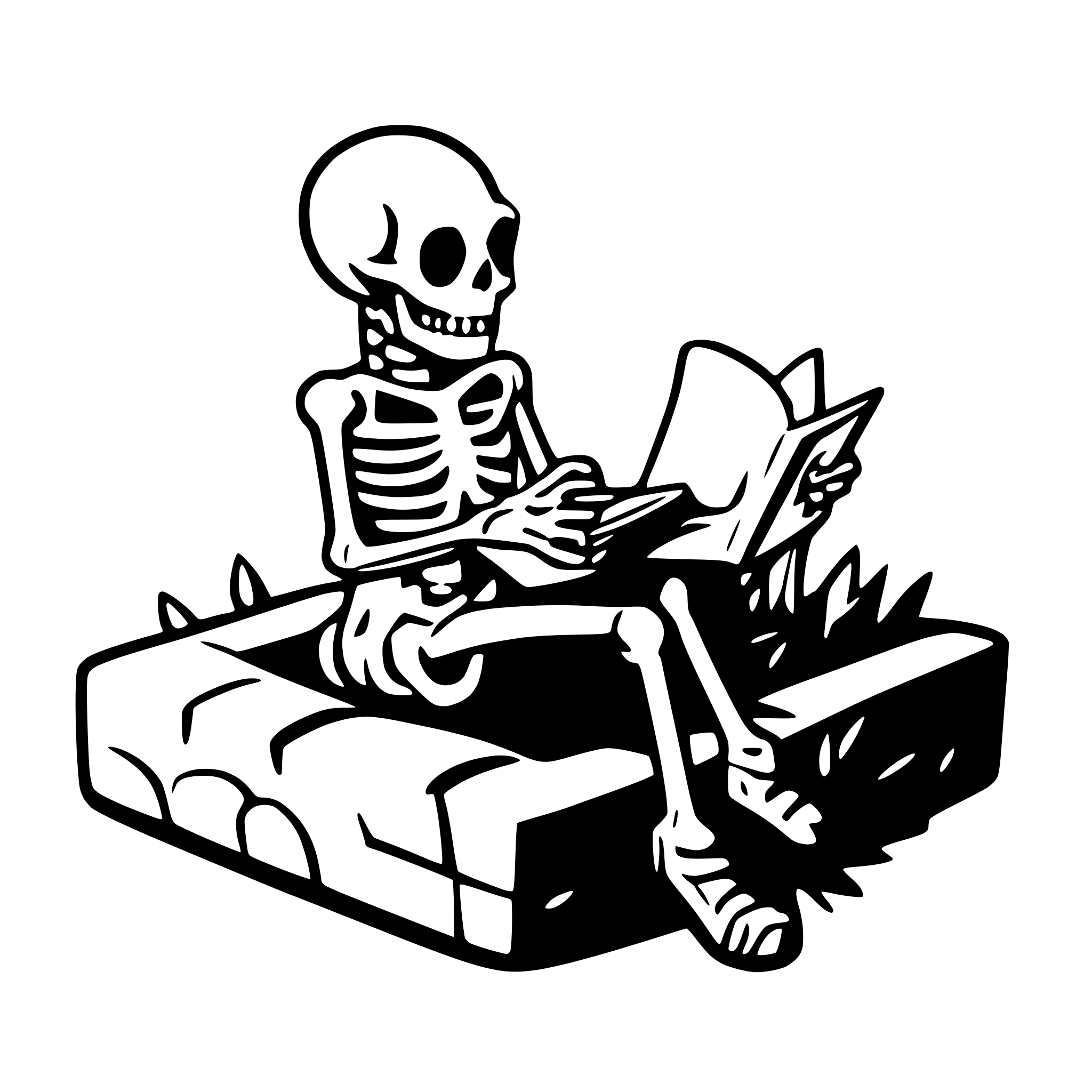 AI-generated SVG of a a skeleton sitting on a grave an reading