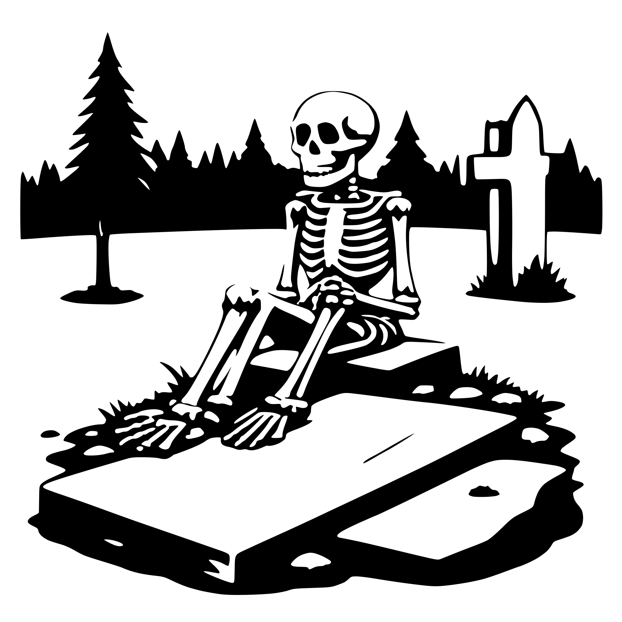 AI-generated SVG of a a skeleton reading on a grave