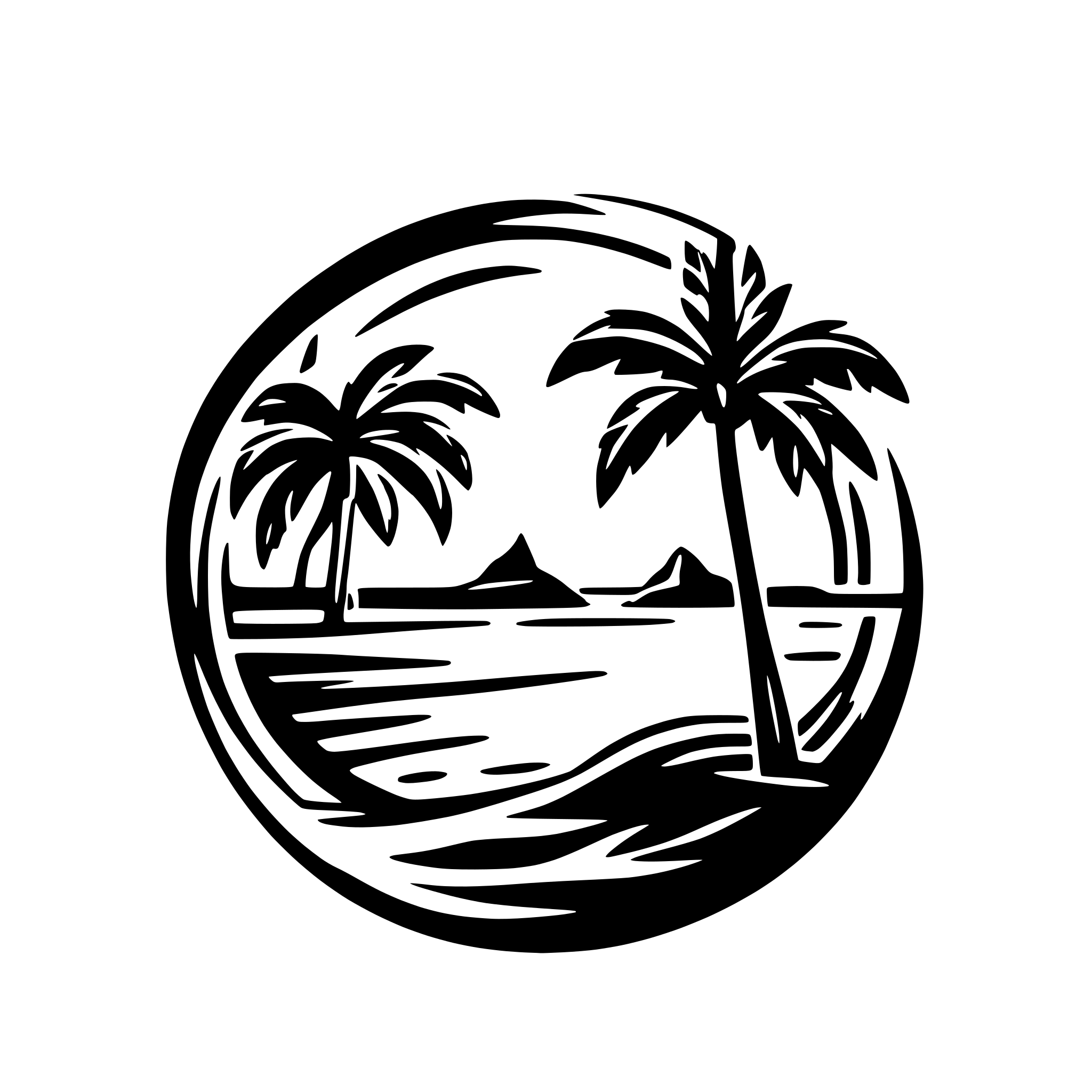 AI-generated SVG of a Vibrant beach scene with silhouetted palm tree and sun on small island