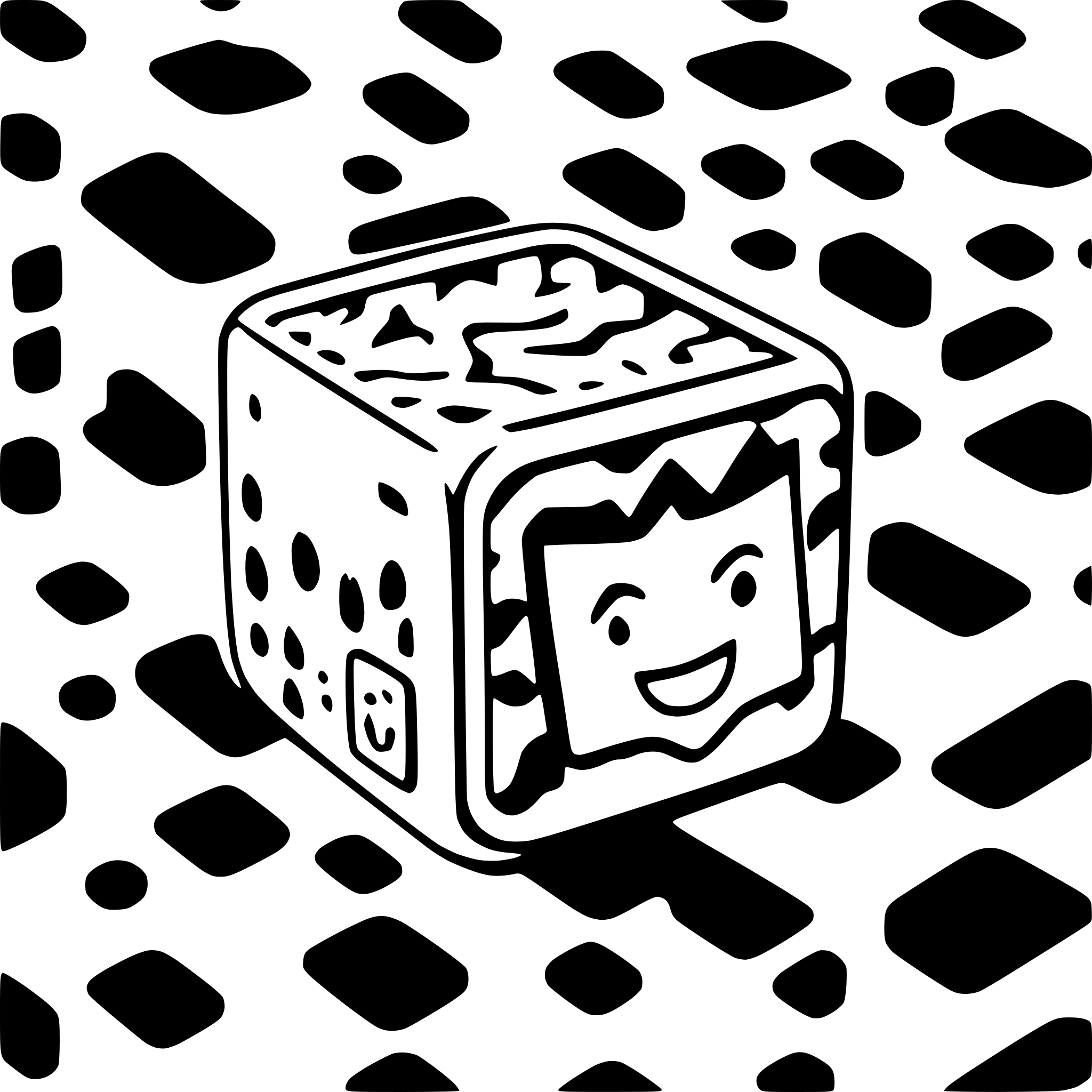 AI-generated SVG of 'a box open at the top without lid with serveral denture models and pieces of pater. on the front a sticker with a qr code'