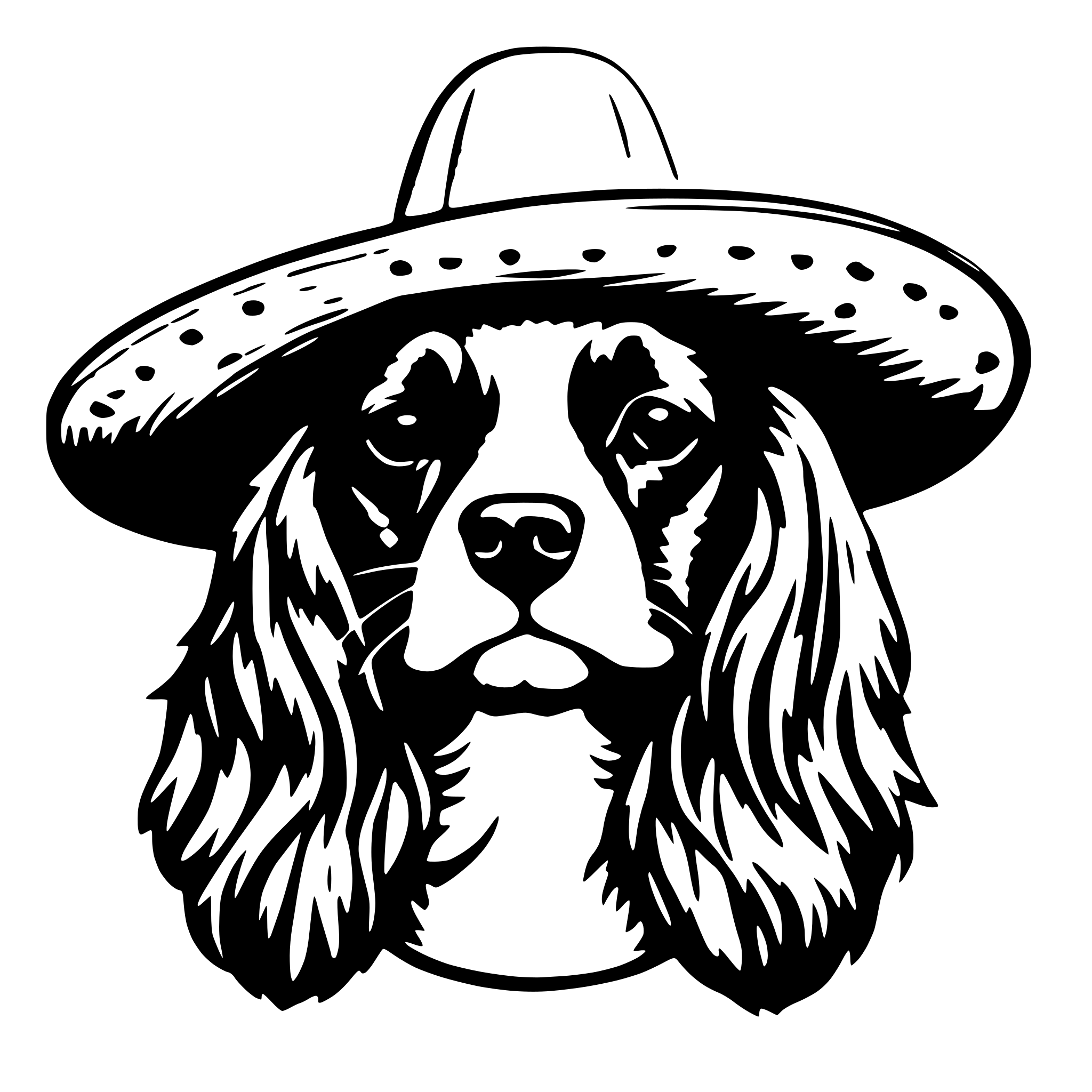 AI-generated SVG of a only the head of a cavalier King Charles spaniel with a sombrero. very minimalstic. only the outlines