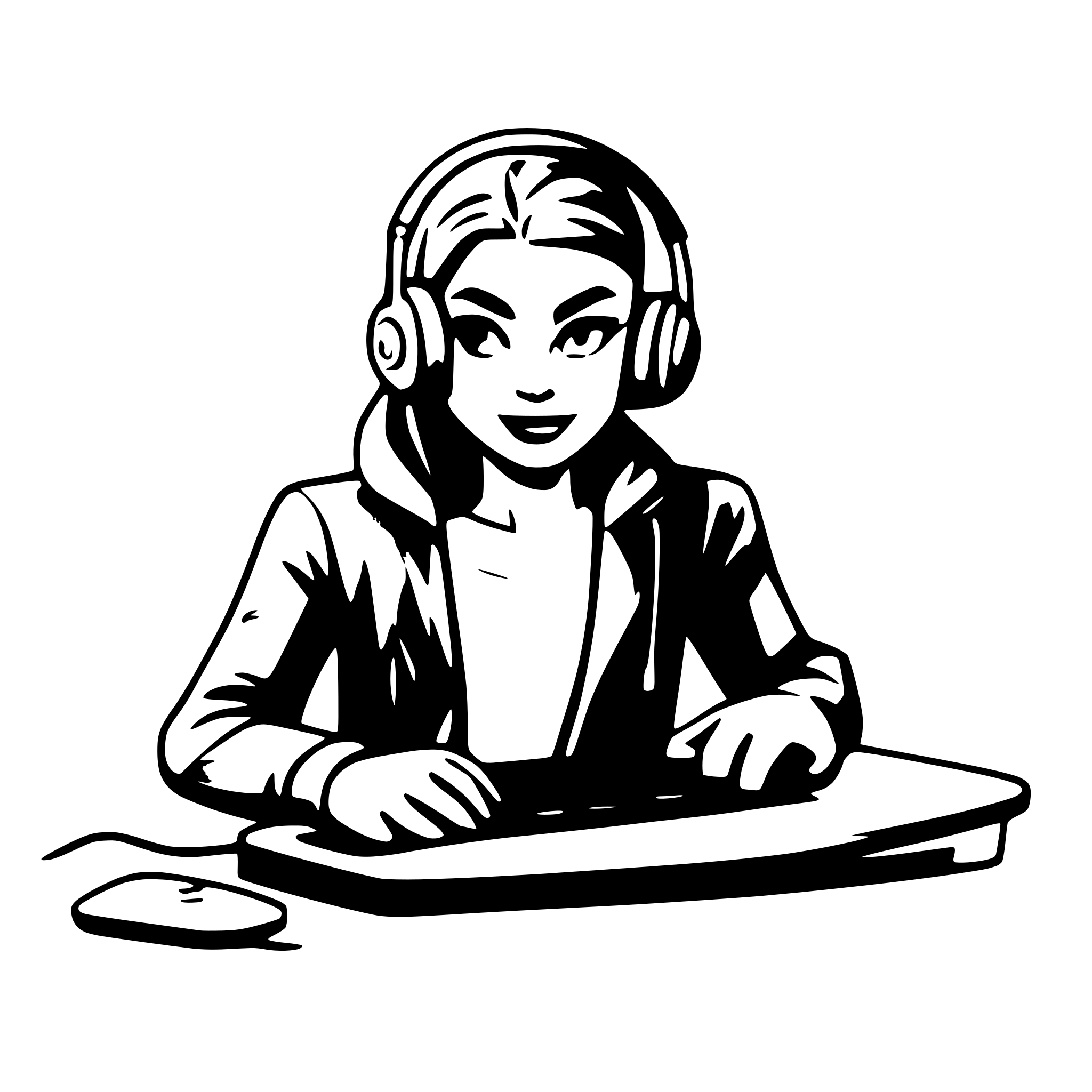 AI-generated SVG of a programmer with headphones, vibrant colours, blue environment, computer, cool, cartoon