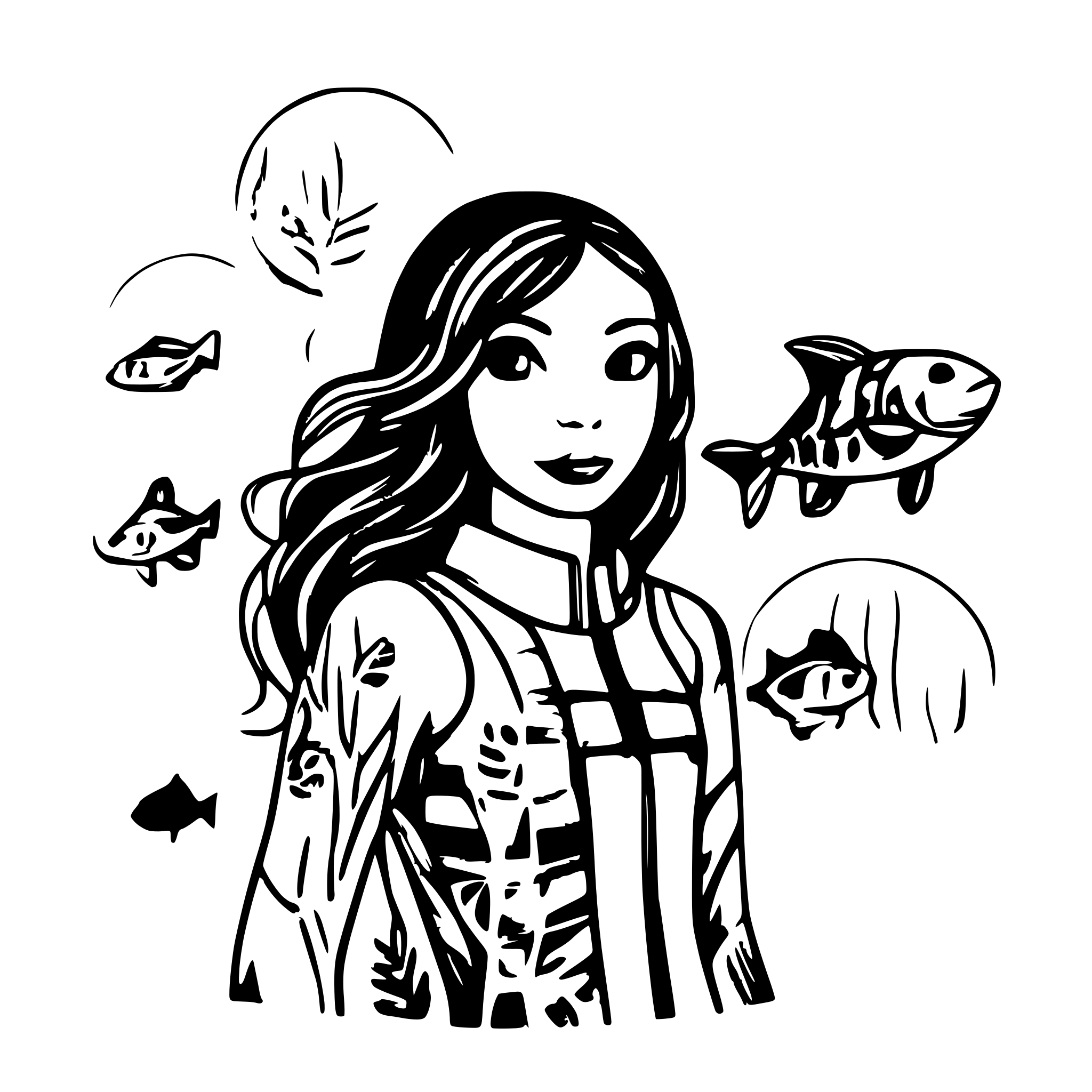 AI-generated SVG of a Female Scubadiver with Fishes and bubbles around her