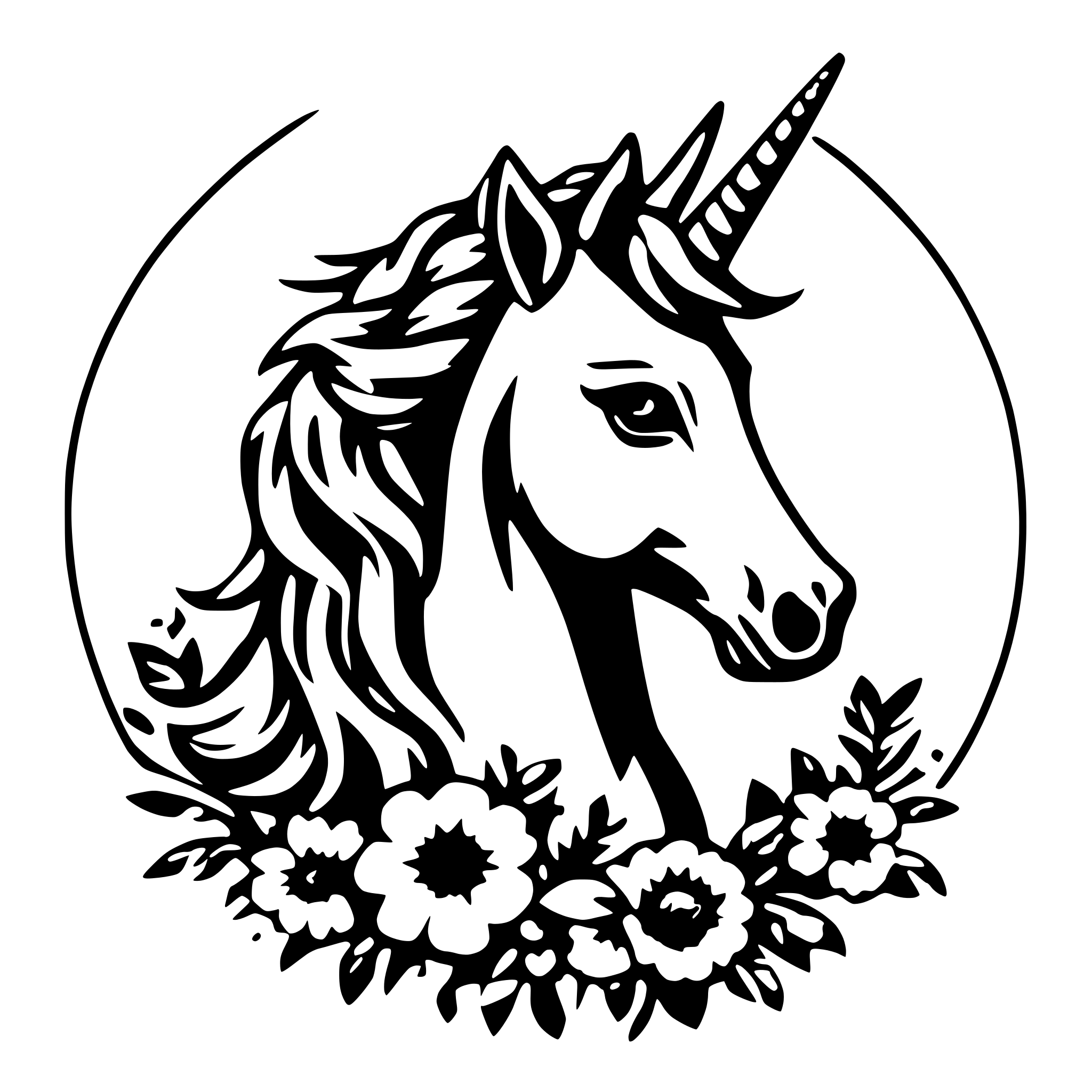 AI-generated SVG of 'Beautiful unicorn head with flowers round design'