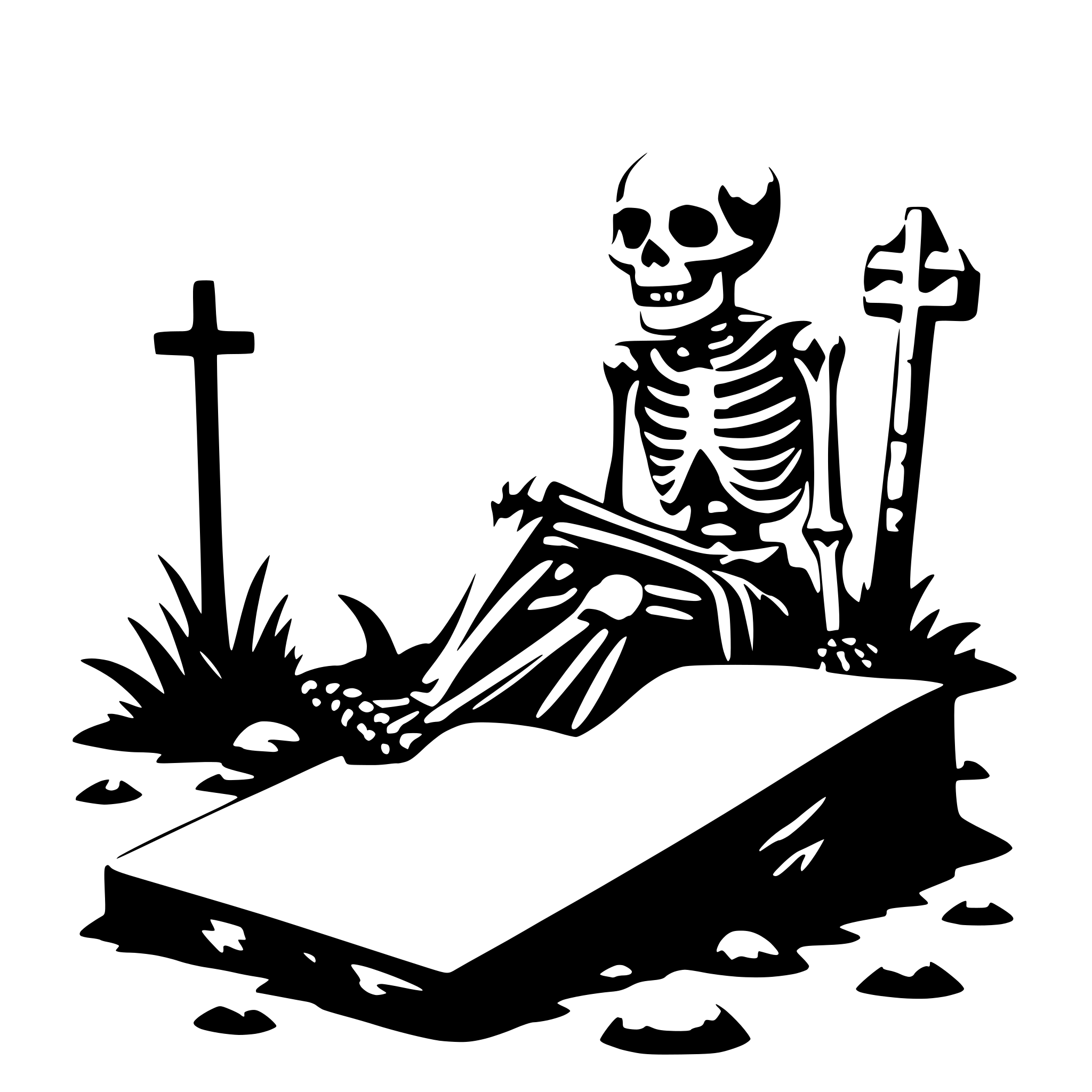 AI-generated SVG of a a skeleton climbs out of a grave with a book in his hand