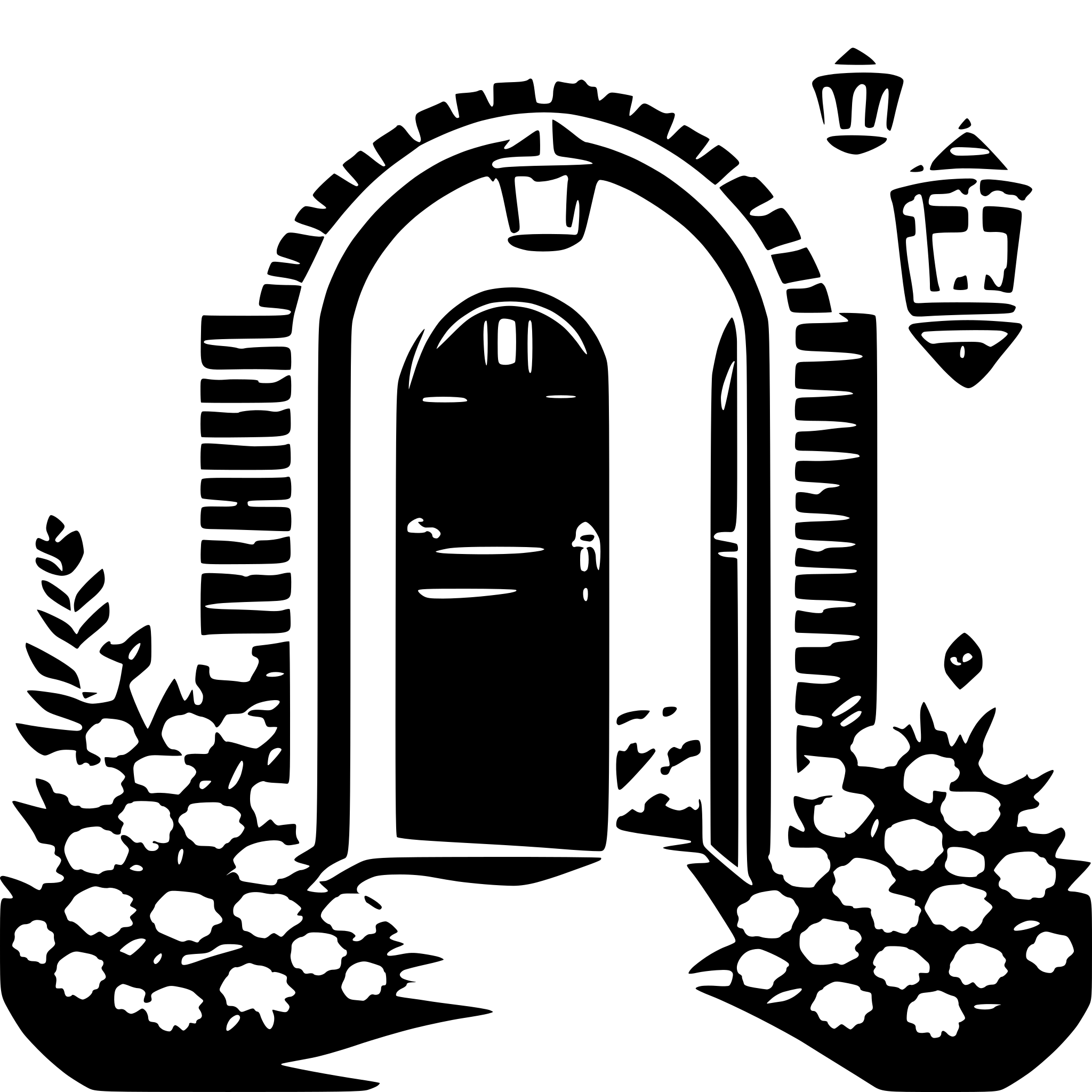 AI-generated SVG of 'a romantic open  entrance with flower wreaths'
