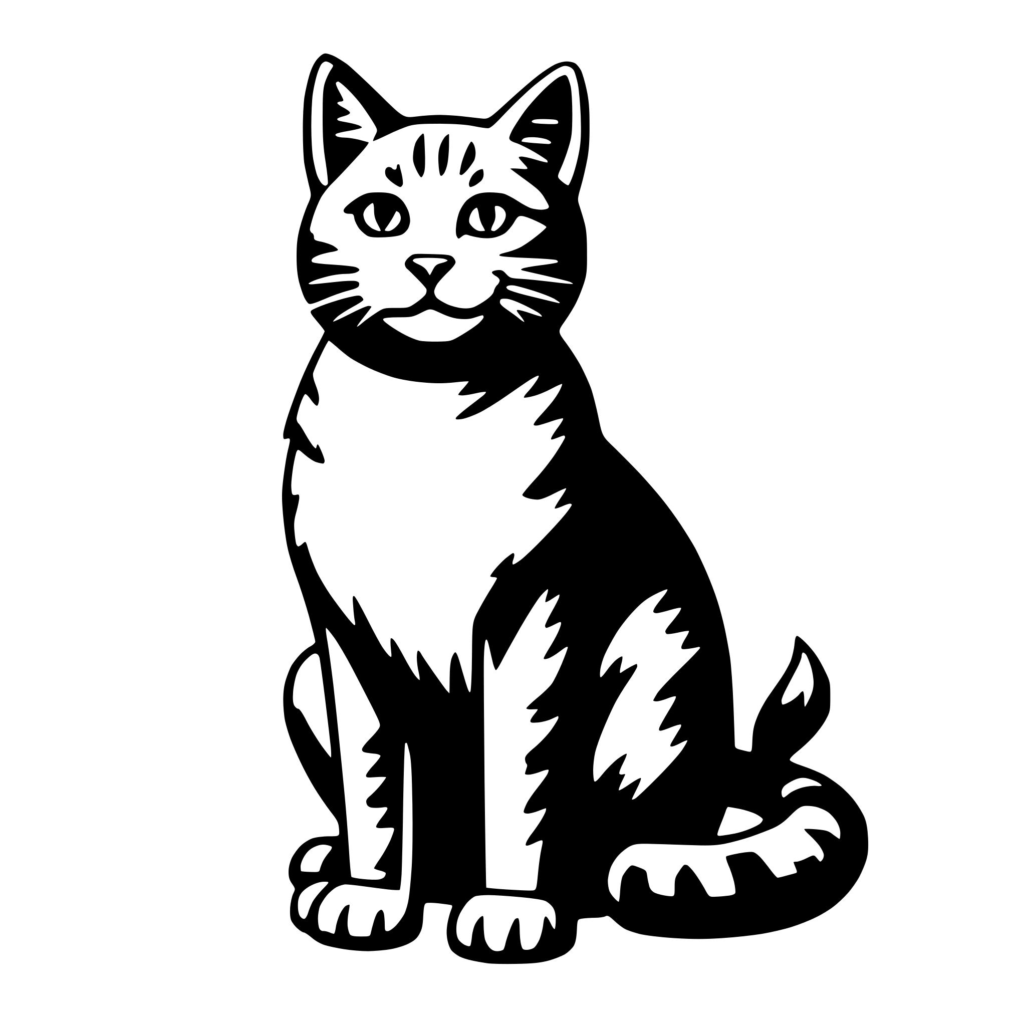 The SVG shows a stylized black and white illustration of a cat. The cat is depicted in a sitting position with its front paws extended forward and its tail curled around its body. It has a round head with pointed ears, and its eyes are closed. The cat's fur appears to be textured, giving it a somewhat fluffy appearance. The SVG is simple and does not contain any additional objects or interactions. 