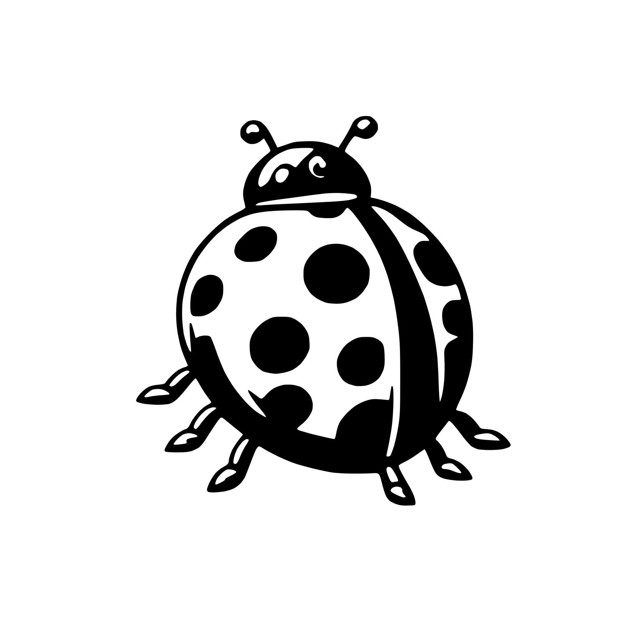 The SVG shows a stylized black and white illustration of a ladybug. The ladybug has a round body with a pattern of black spots, and it has two antennae, two eyes, and six legs. The antennae and legs are depicted with a simple line design, and the body has a smooth, rounded shape. The ladybug is facing towards the right side of the SVG. There is no interaction between objects as it is a single object in the SVG. 