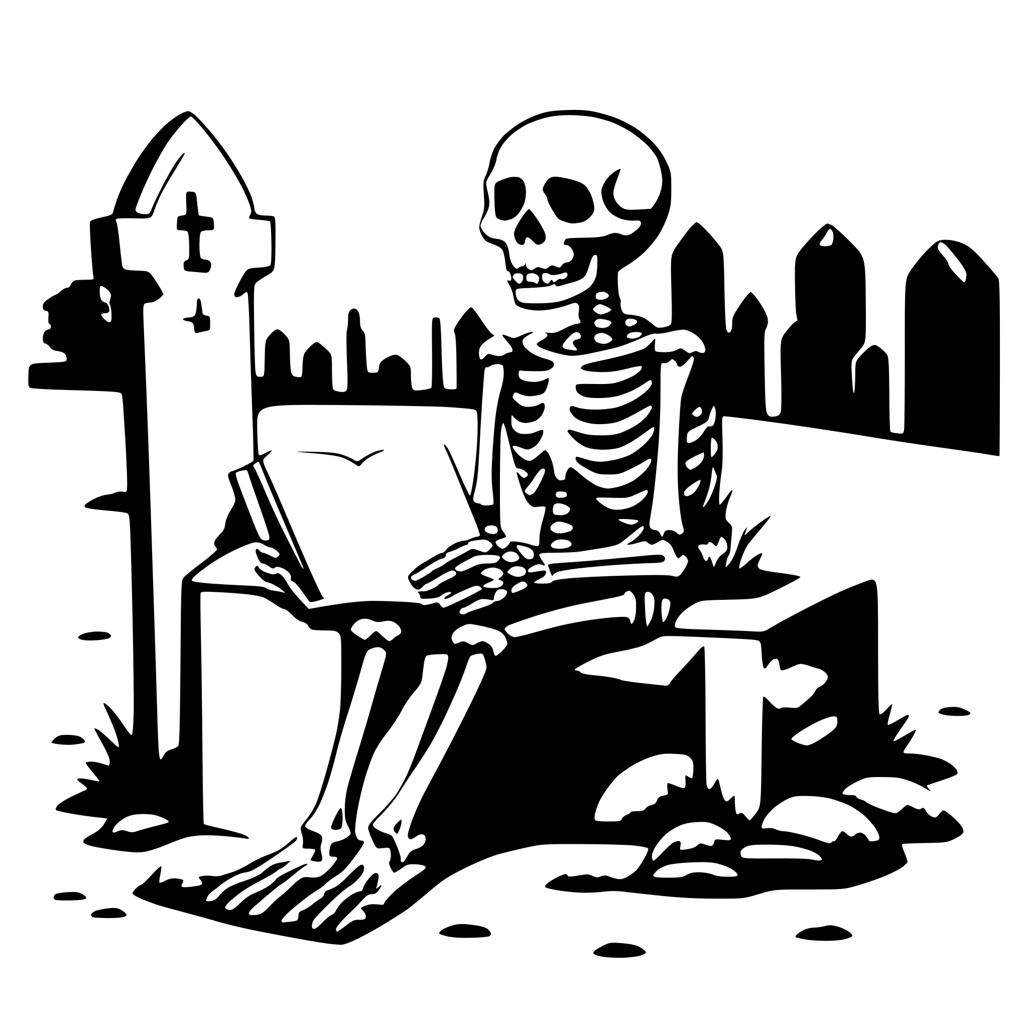 AI-generated SVG of a a skeleton on a cemetery reading a big book