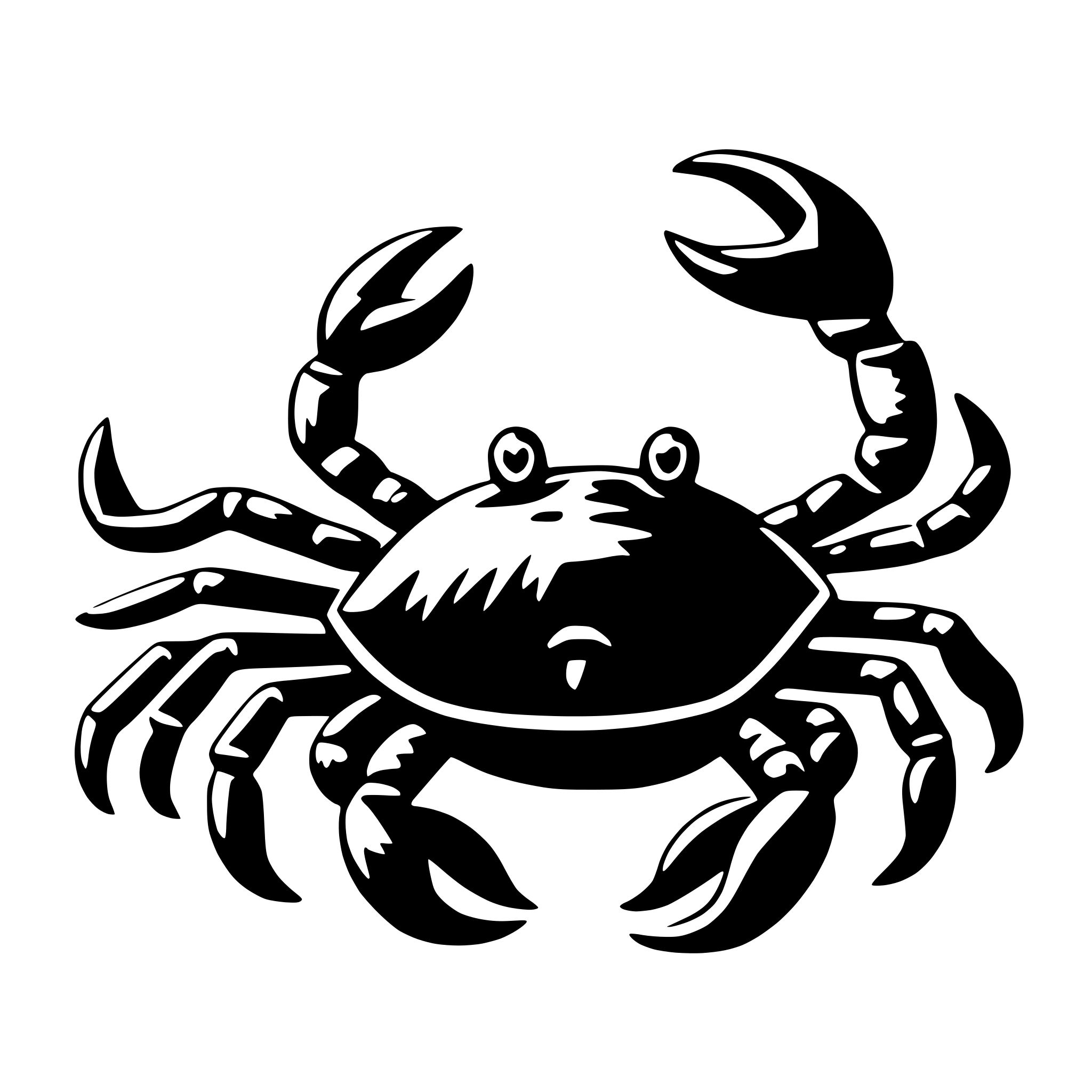 The SVG shows a stylized black crab with its claws extended outward. The crab has two large claws and smaller claws on its legs. It has a simple, cartoon-like design with a flat body and a small, triangular tail. The crab's eyes are depicted as two small circles, and it appears to have a neutral expression. The background is plain and does not interact with the crab. 