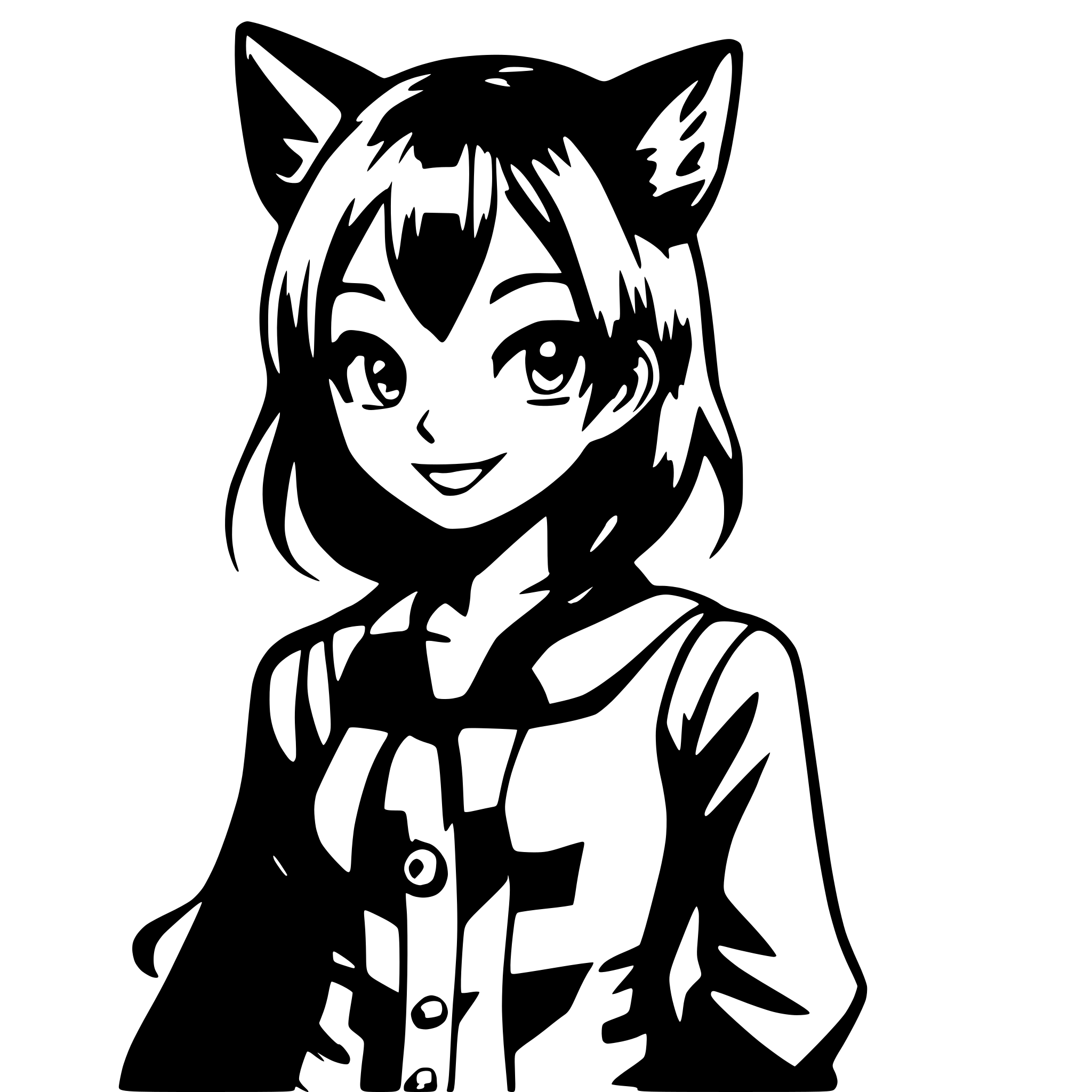 AI-generated SVG of a Foxgirl red hair blue eyes preppy style, anime, fox ears, fox tail, Japanese, kitsune