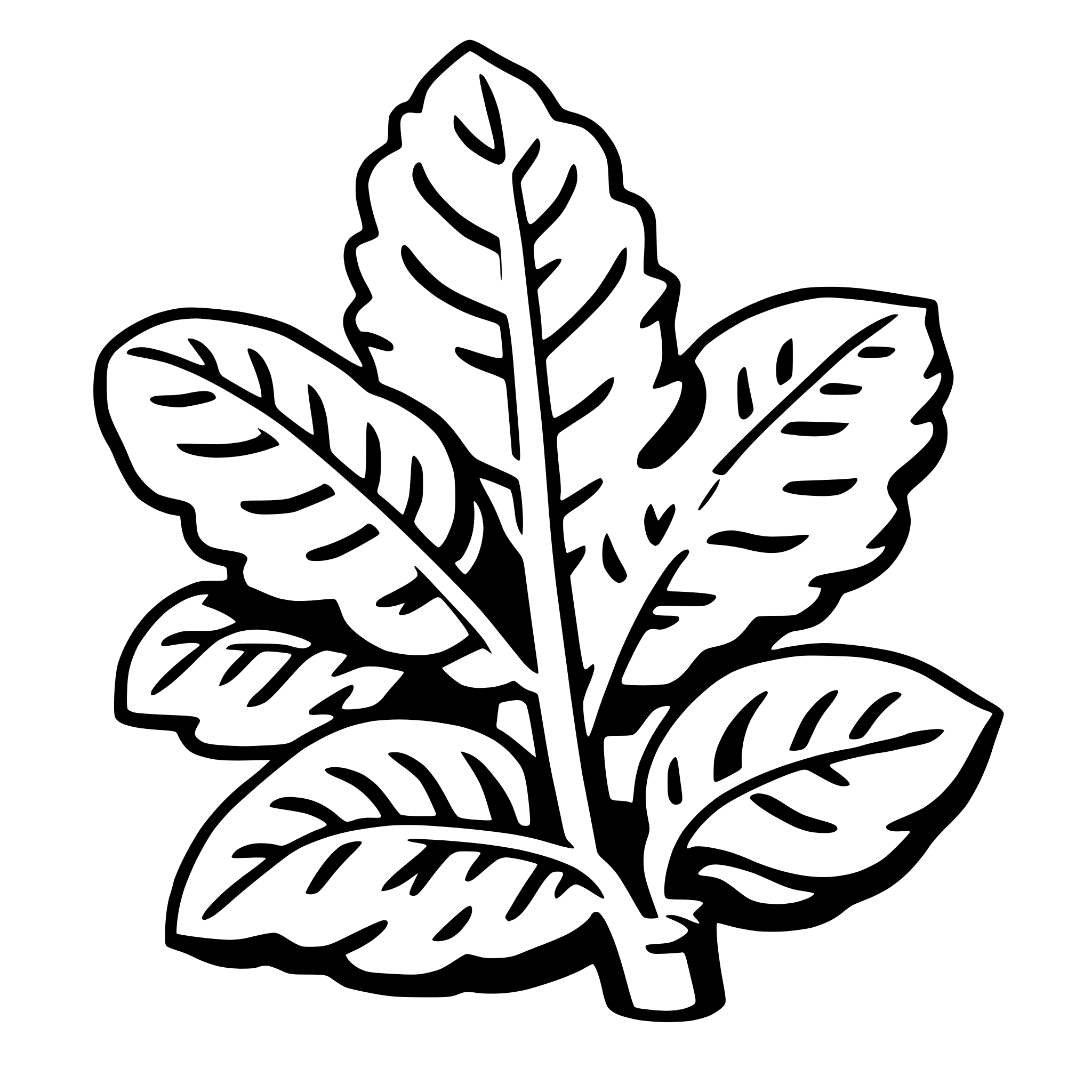 The SVG shows a stylized, black and white illustration of a leaf. The leaf is depicted with a central stem and multiple lobes that branch out from the stem, each with a serrated edge. The leaf is symmetrical and appears to be a simplified representation, likely intended for decorative or iconographic purposes. There is no interaction between objects as the SVG is a single, self-contained graphic. 