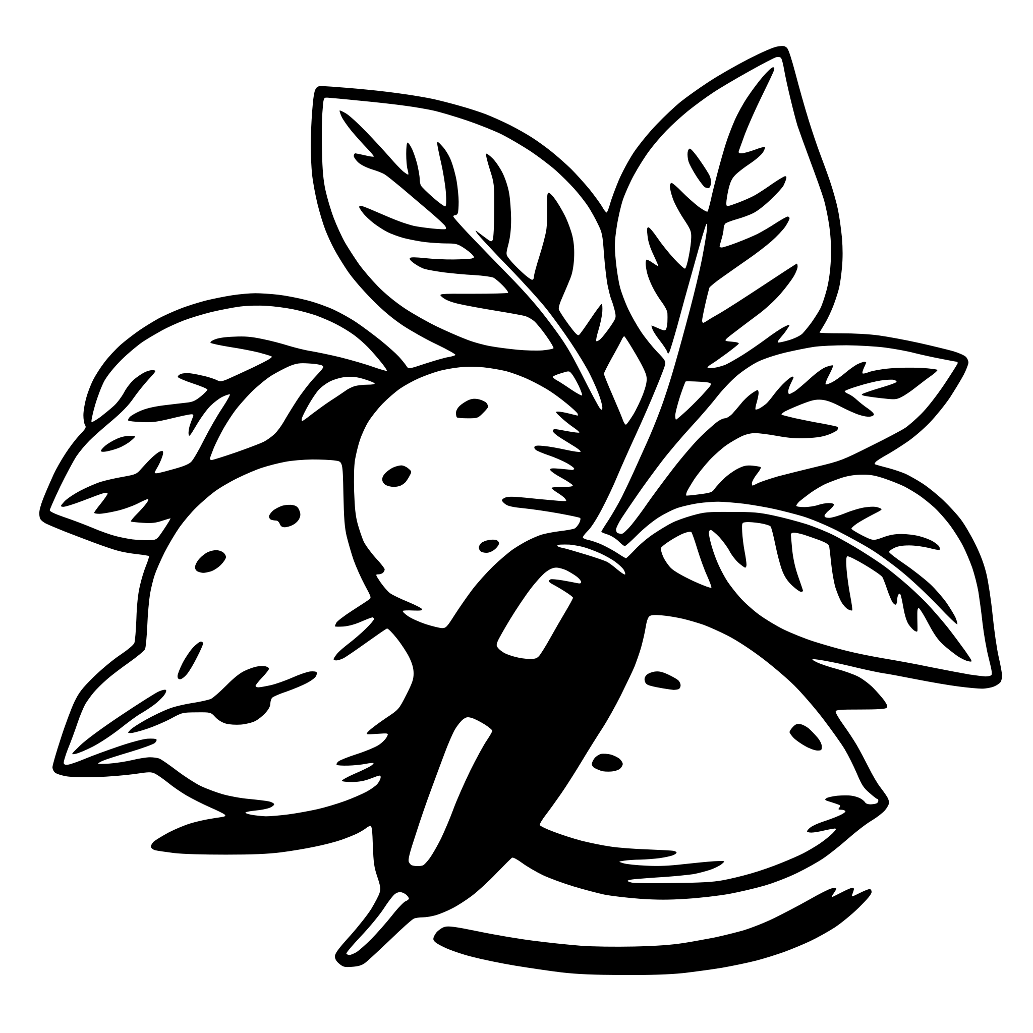 The SVG features a stylized illustration of a plant with large, oval-shaped leaves and a central stem. The leaves are detailed with veins and have a slightly curved shape. On the stem, there is a small, dark object that resembles a bird's head, with a beak and eye, suggesting a hummingbird. The bird's head is positioned in the center of the plant, and the leaves are arranged around it, creating a symmetrical arrangement. The style of the illustration is simple and graphic, with bold outlines and minimal shading. 