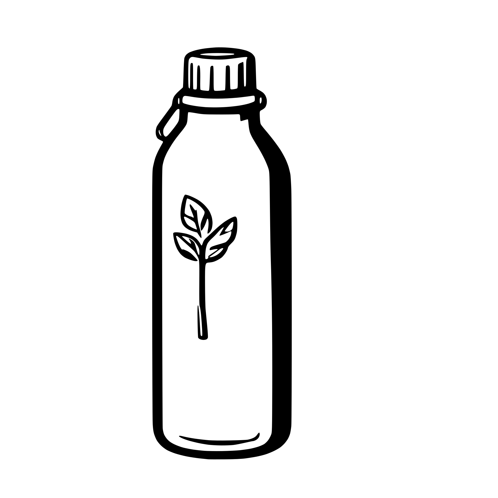 AI-generated SVG of a A black and white SVG of a single water bottle with a long neck and simple label outline.