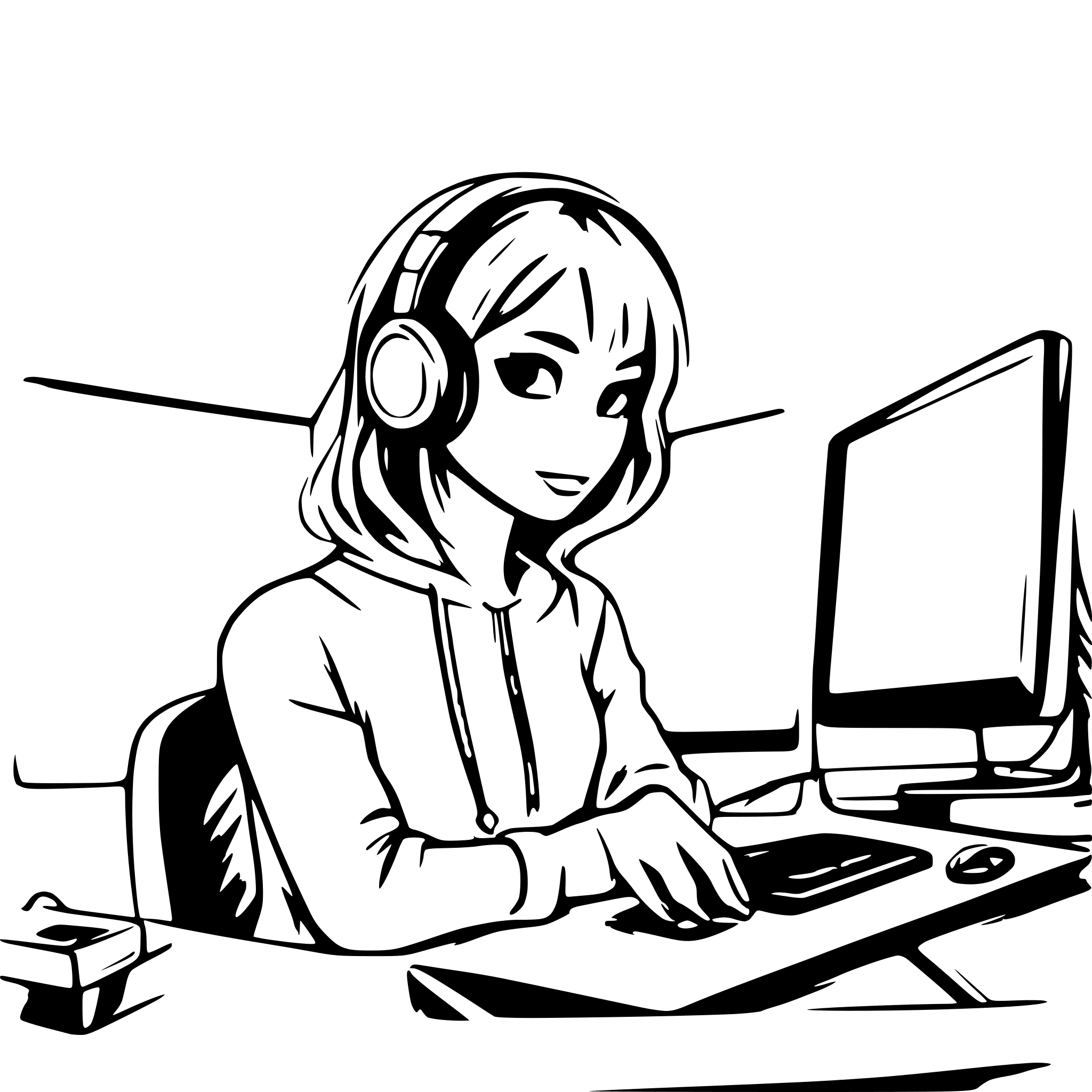 AI-generated SVG of a creative tech girl with headphones on coding at a cool desk with a couple monitors with diagrams floating into the air depicting what she is working on