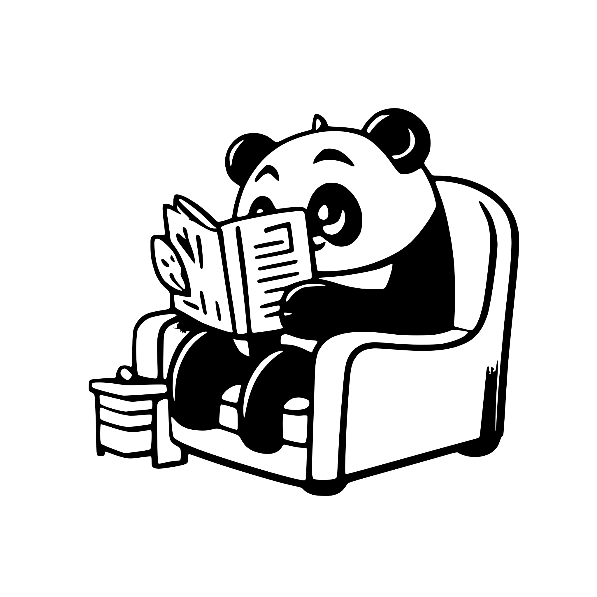 AI-generated SVG of a A giant panda, sitting in a chair, flipping through a thick book