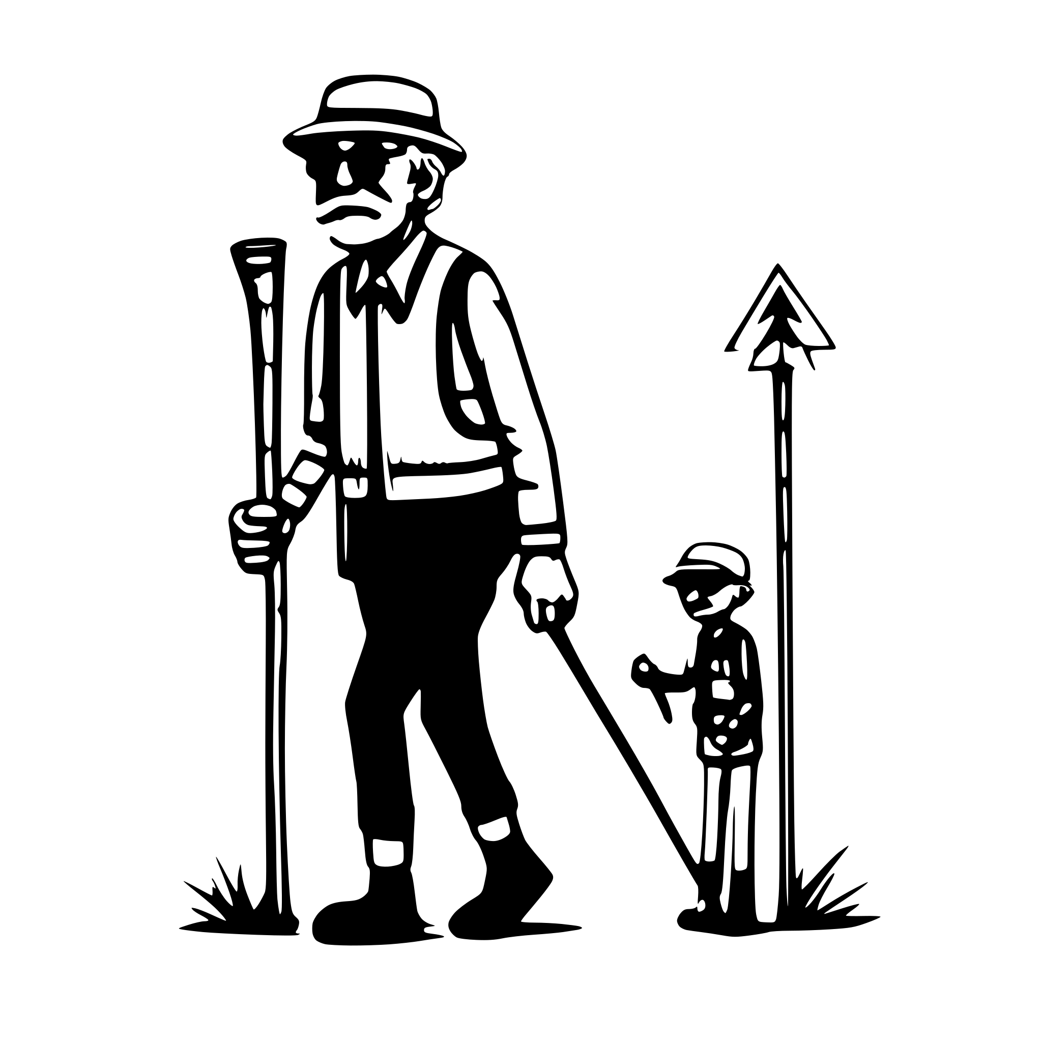 AI-generated SVG of 'A simple line drawing of a 75-year-old stickman grandpa hiking with a hiking stick and wearing a basecap, a mustash and no Glases. The design is minimalistic, clear, and faceless, with clean black line art. He is hiking solo or accompanied by two smaller stick figure grandchildren. The background is very simple, with minimal details like a single tree or a small hill to suggest a trail. just a classic stickman design in black and white.",'
