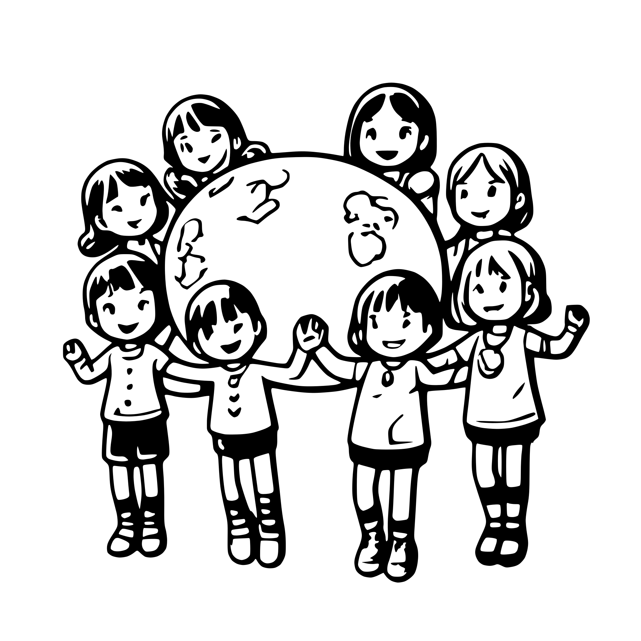 AI-generated SVG of a 10 children holding hands and the world