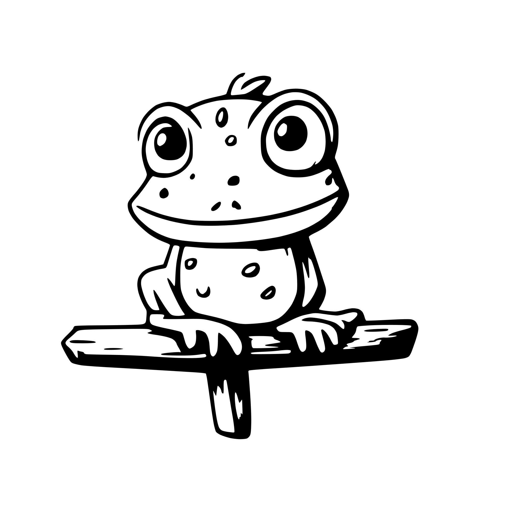 AI-generated SVG of a a overly cartoon looking frog in the style of disney hanging on a log