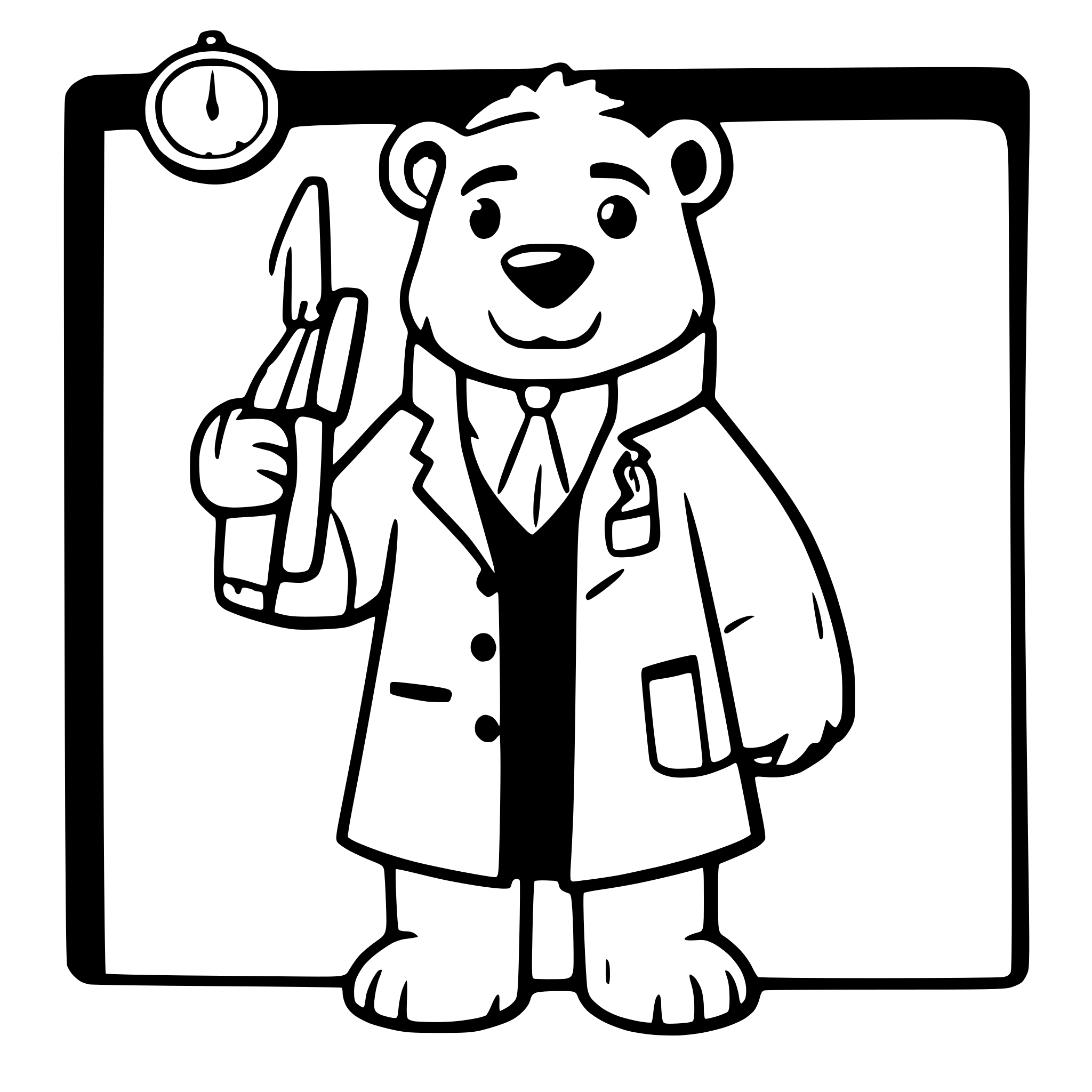AI-generated SVG of a A cartoon polar bear wearing a lab coat and glasses, holding a ruler and standing next to a blackboard. The bear has a calm and wise demeanor. White background, Disney and Soviet animation style.