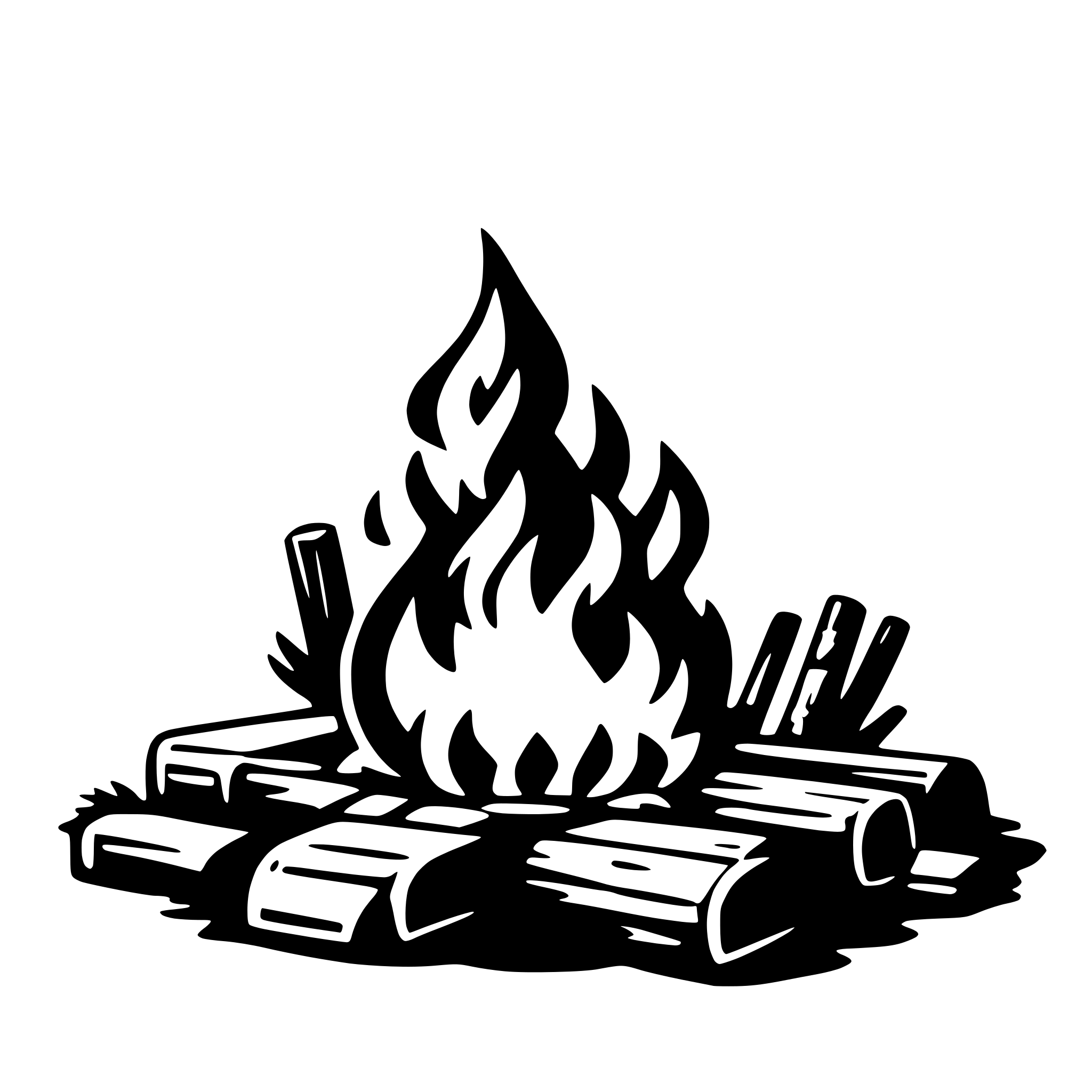 The SVG depicts a stylized campfire with flames and smoke rising from it. The fire is surrounded by what appears to be a pile of logs, suggesting a camping setting. The flames are represented by a series of curved lines with a pointed tip, giving the impression of flickering fire. The smoke is shown as a series of thin, curved lines that rise above the flames, indicating the heat and movement of the fire. The logs are depicted as rectangles with a rough, textured surface, and they are arranged in a semi-circle around the fire, with some logs stacked on top of each other. The overall style of the SVG is simplistic and cartoonish, using solid black lines against a white background. 