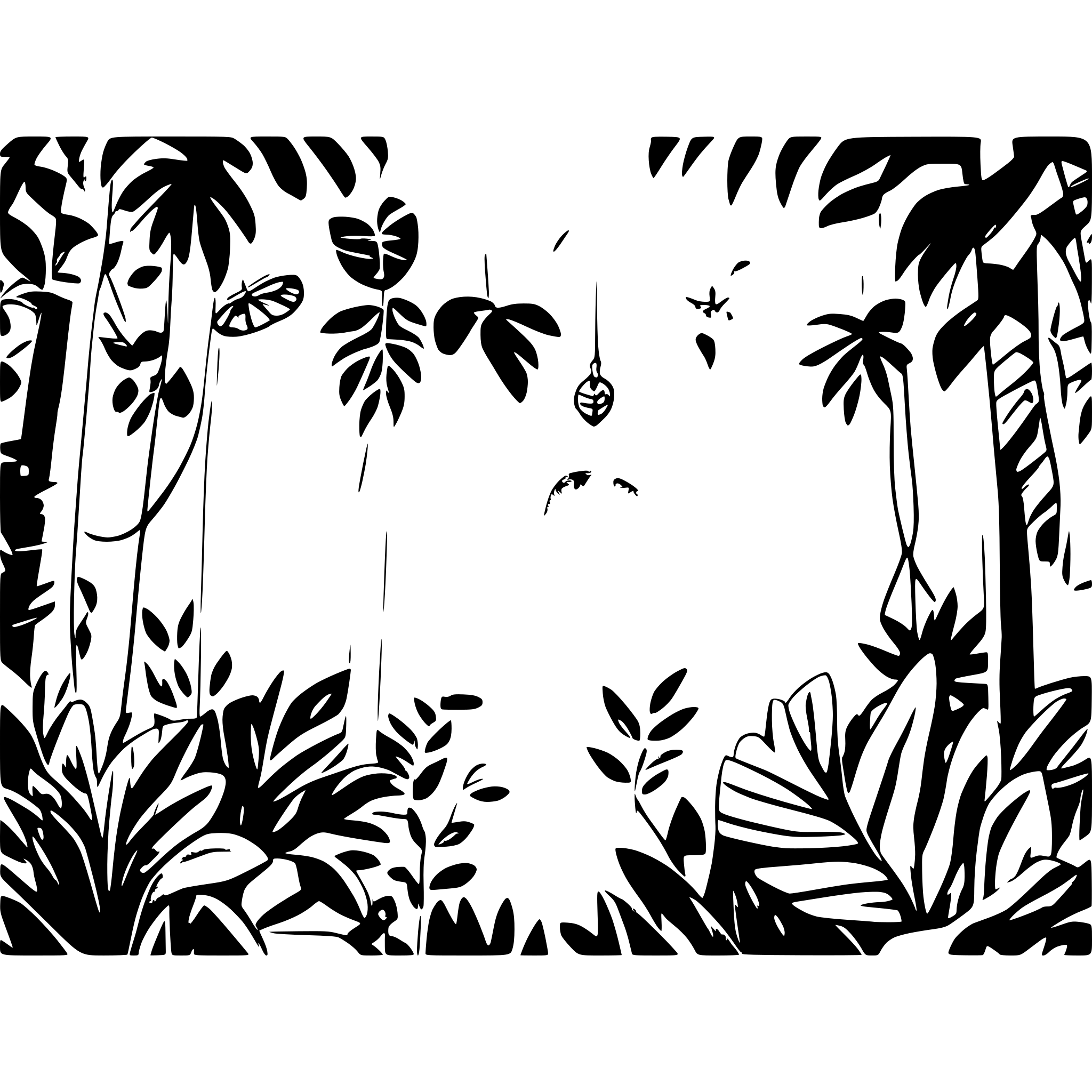 AI-generated SVG of a A vibrant jungle scene with lush green ferns, hanging vines, and a bright blue sky peeking through the dense foliage. Colorful butterflies flutter around, adding a playful touch to the lively environment. The atmosphere feels magical and full of life. Soft, warm sunlight filters through the trees, casting dappled light. Wide-angle perspective, slight camera sway to enhance the natural movement of leaves and butterflies.