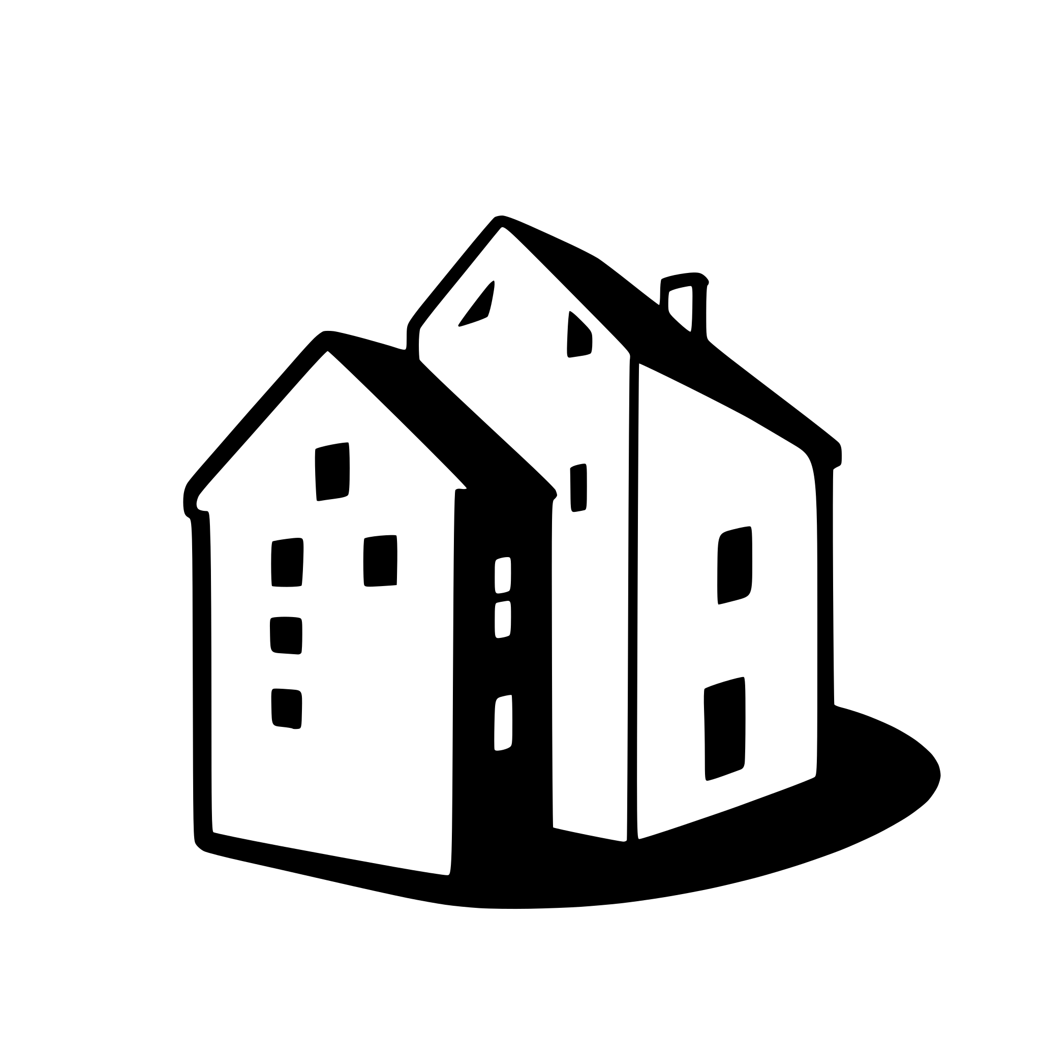 AI-generated SVG of a skyline silhouette icon of 2 small  buildings among 10 houses