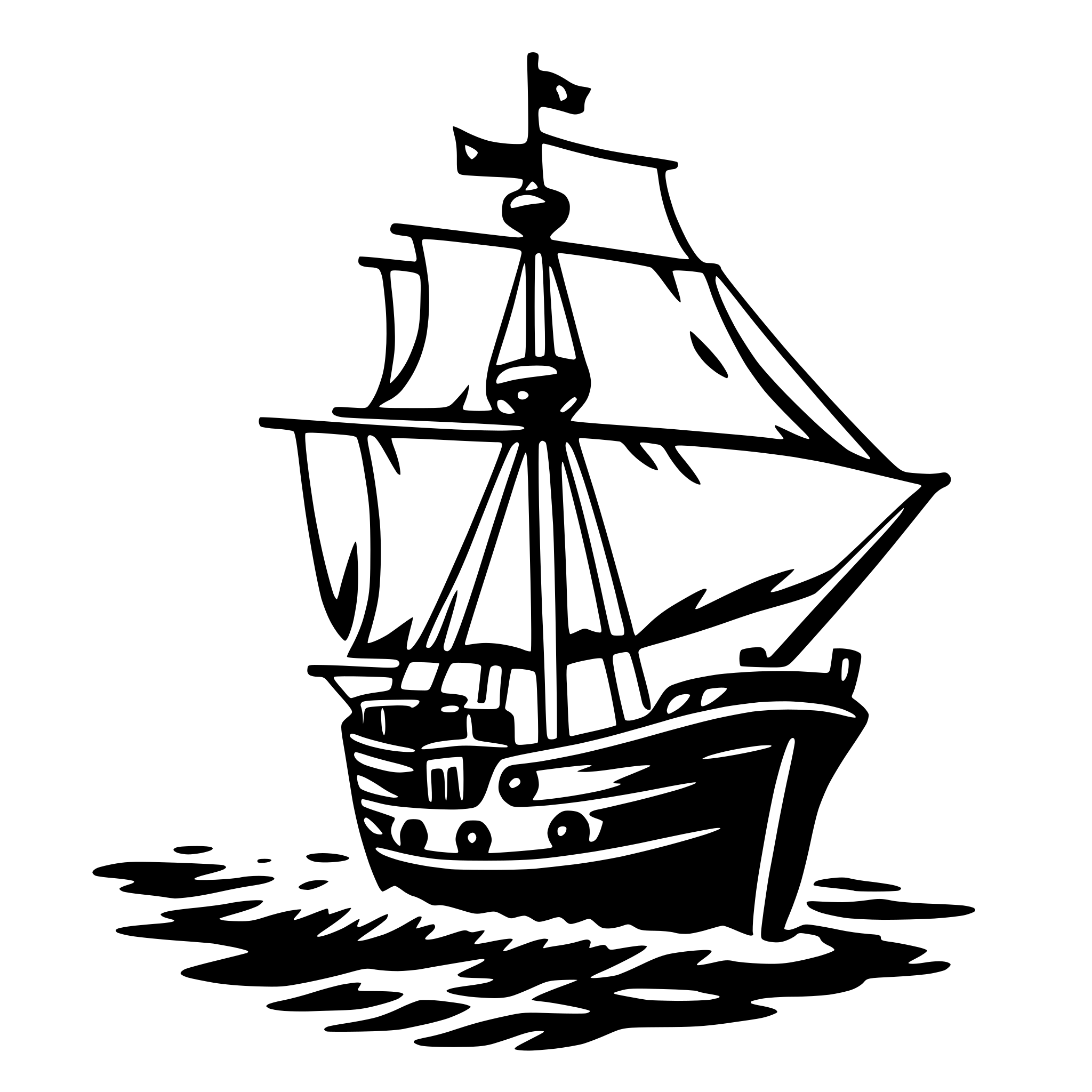 The SVG depicts a stylized black and white illustration of a sailing ship. The ship is shown with its sails unfurled, and it appears to be in motion on water. The ship's hull is visible, and there are details such as the ship's wheel, rigging, and a small cabin. The sails are depicted with folds and creases, suggesting movement and wind. The ship is centered in the SVG, and there is no text present. The style of the illustration is reminiscent of classic maritime art, with a focus on the ship's structure and the implied motion of the vessel. 