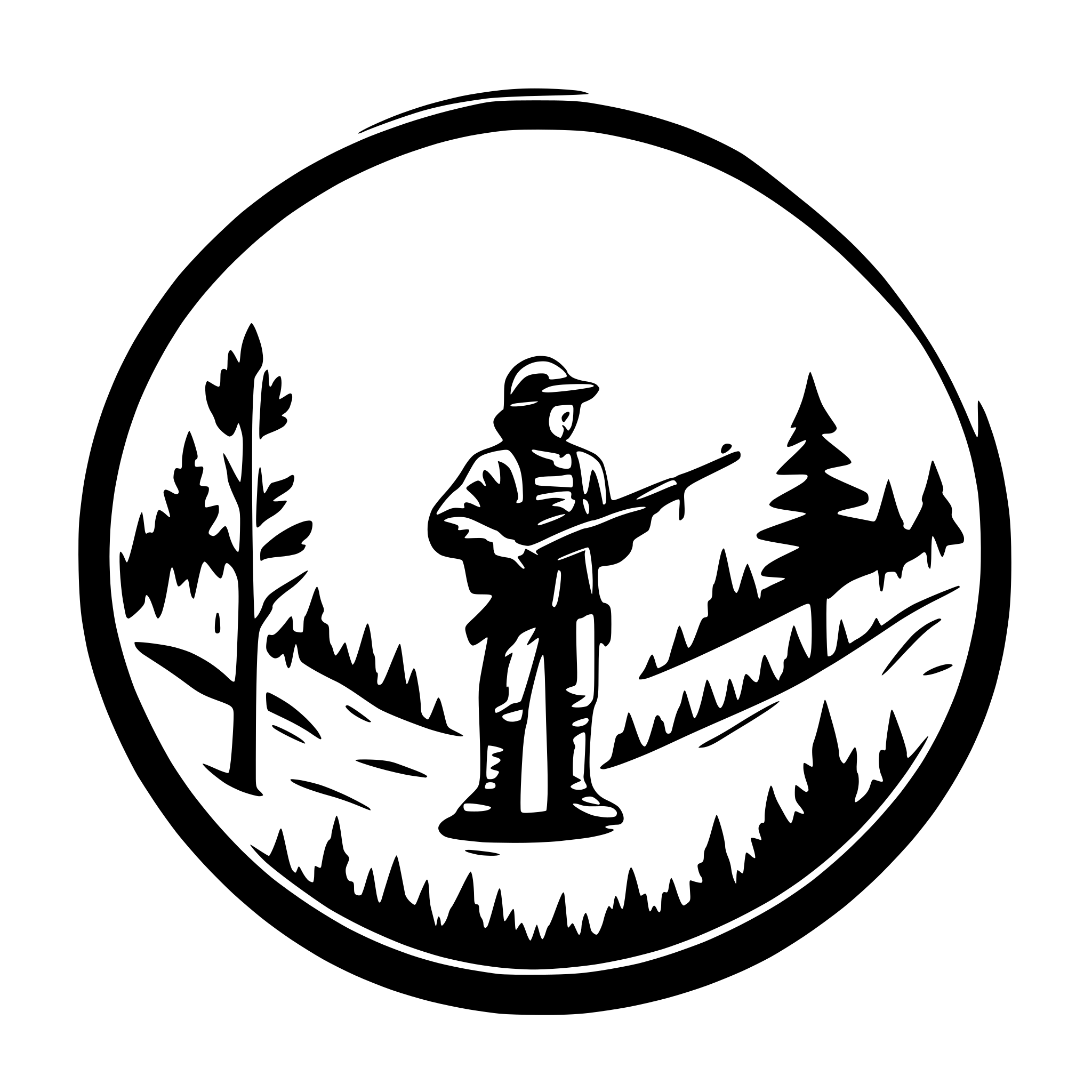 AI-generated SVG of a circular image that contains forest in the background and a hunter with rifle in the foreground