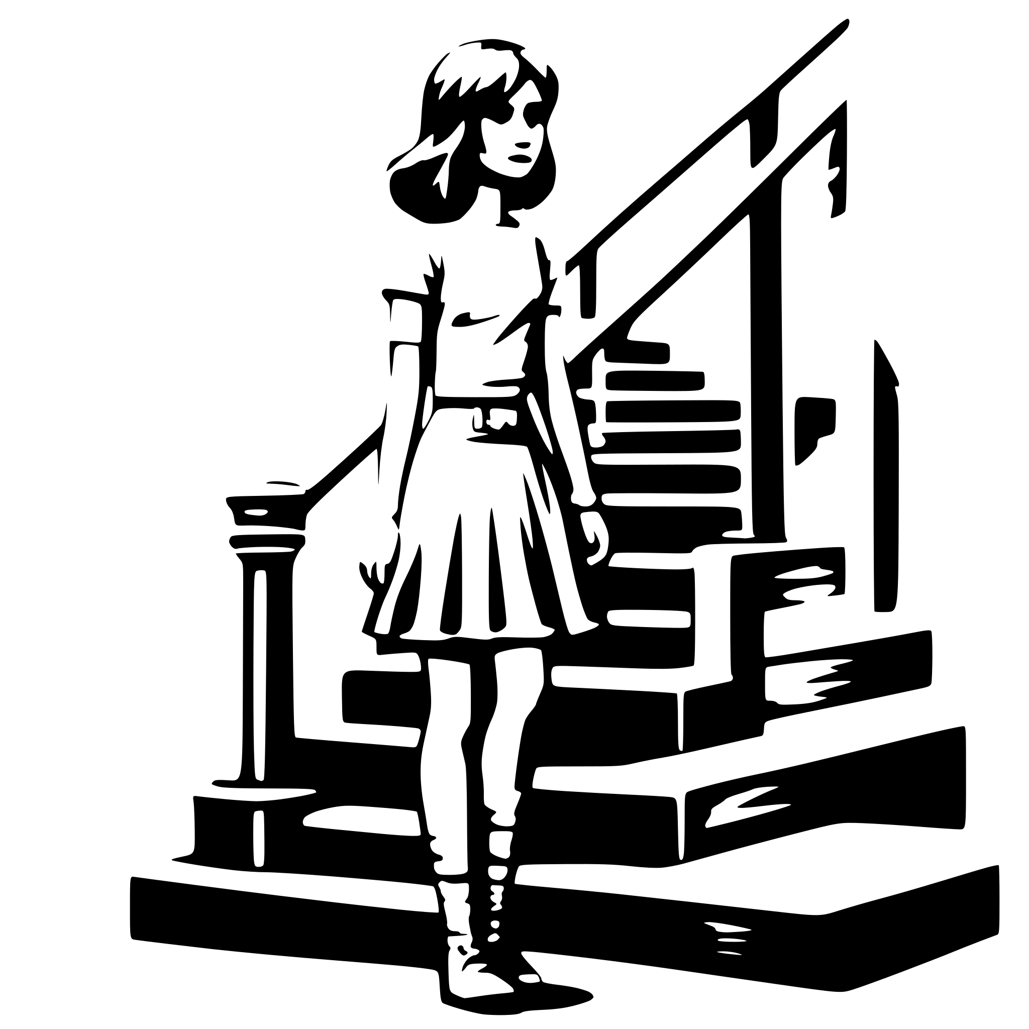 AI-generated SVG of a girl standing at the bottom of the stairs attempting to take next step side view colorful