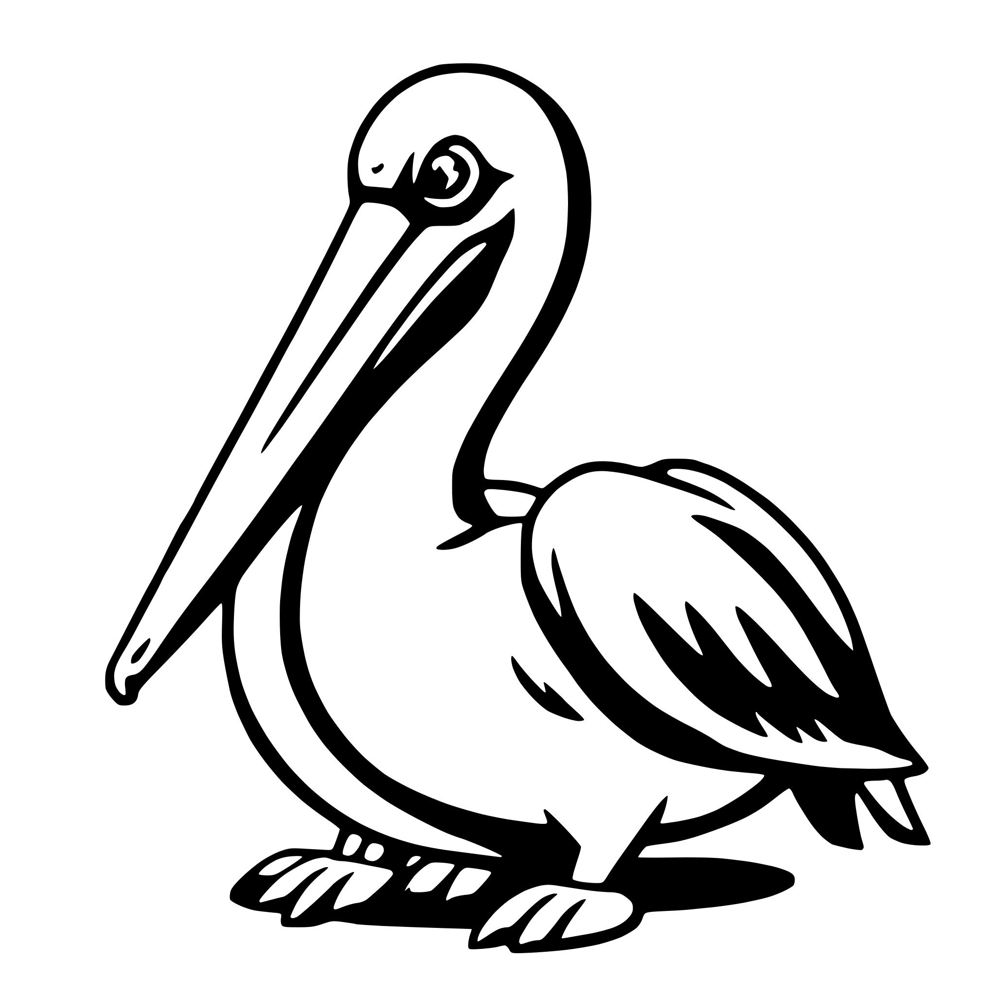 The SVG depicts a stylized black and white illustration of a pelican. The pelican is standing upright with its long beak open, as if it is in the process of catching or holding food. Its large eyes are looking forward, and it has a prominent pouch under its beak, which is characteristic of pelicans. The pelican's feathers are depicted with simple lines, and its legs are tucked under its body. The SVG is simple and does not contain any additional objects or interactions. 