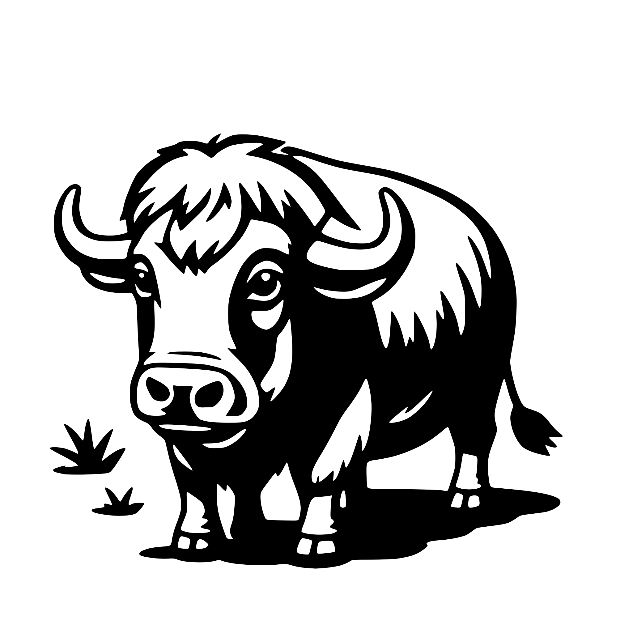 The SVG depicts a stylized black and white illustration of a cow. The cow is standing with its head turned slightly to the left, and it has a prominent nose and two large, curved horns. The cow's body is elongated, and it has four legs. There are small plants or weeds in the background, suggesting a natural or pastoral setting. The cow appears to be looking directly at the viewer, and there is no interaction between the cow and the plants, as they are separate elements in the SVG. 