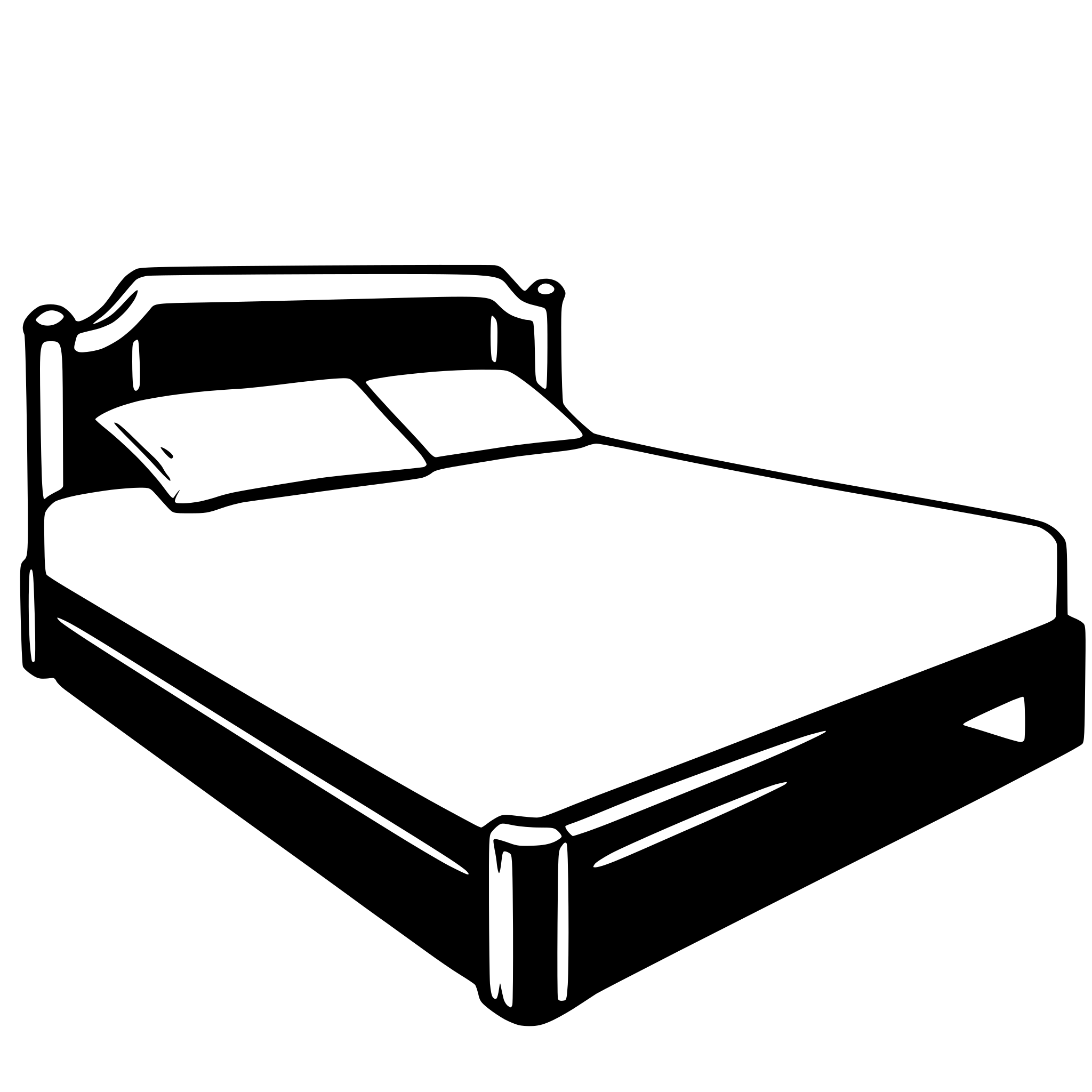 The SVG shows a simple, stylized representation of a bed. It consists of a rectangular base with a flat top, and there are two rectangles that suggest pillows at the head of the bed. The bed is outlined with a thin line, and the interior is filled with a solid color, likely white, which contrasts with the outline. The bed is depicted in a side view, with the headboard at the top and the footboard at the bottom. There are no additional details or objects in the SVG. 
